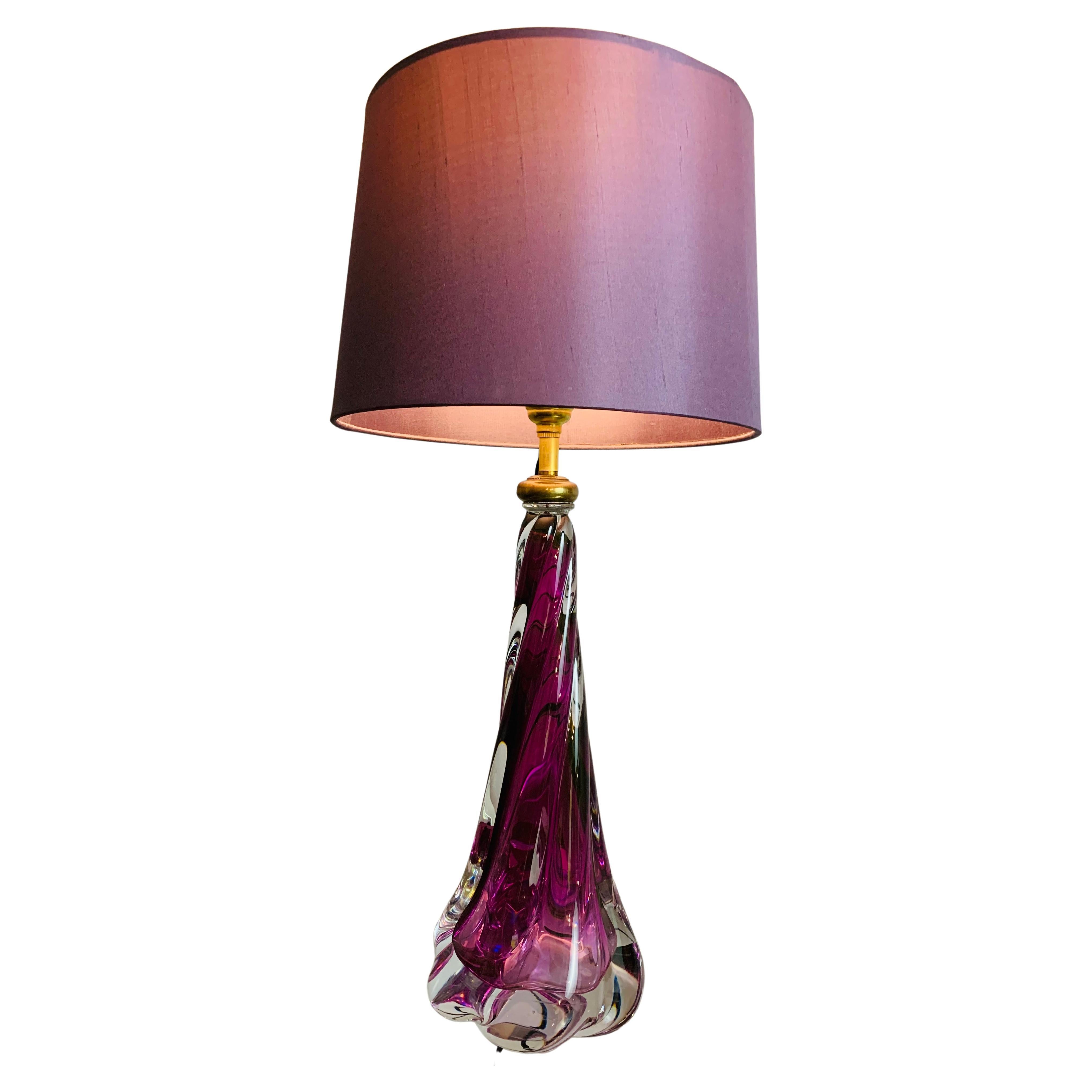 1950s Belgium Val Saint Lambert Purple Swirled Twisted Glass Lamp Base