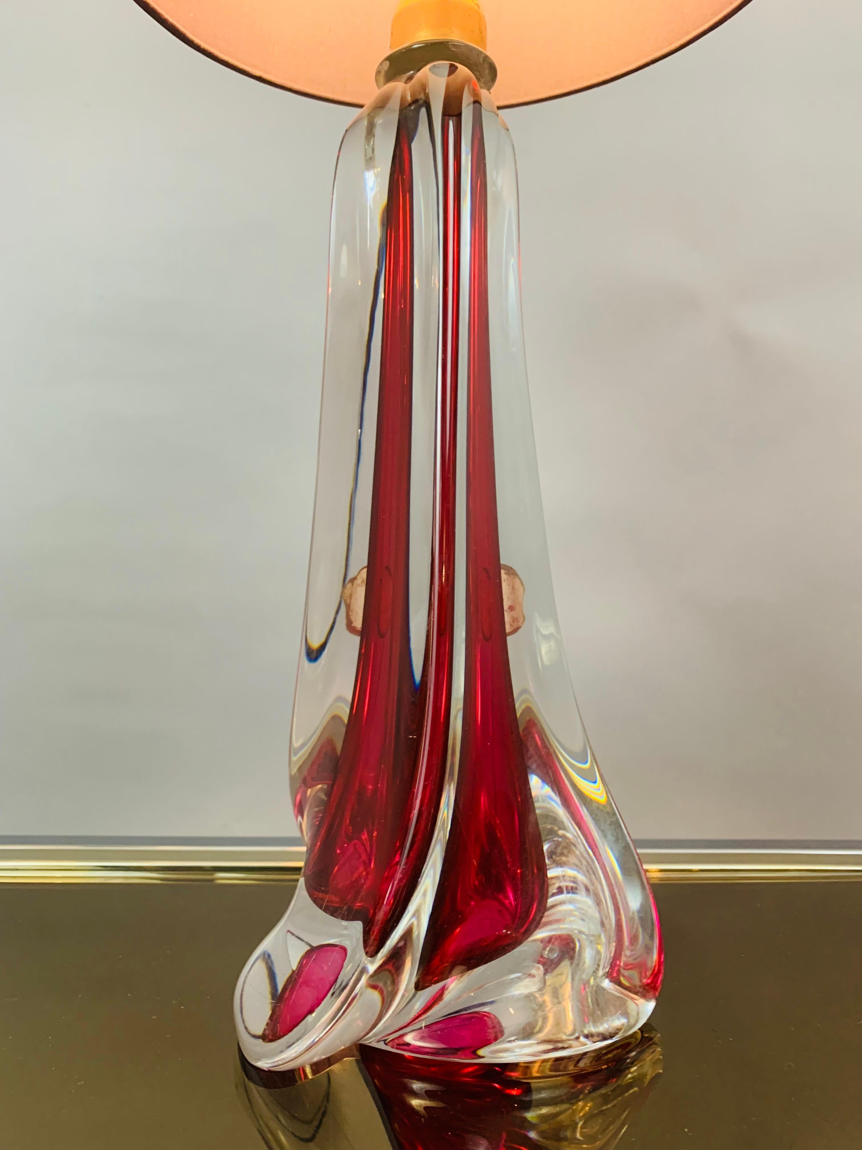 1950s Belgium Val Saint Lambert Red & Clear Crystal Glass % Brass Table Lamp 3