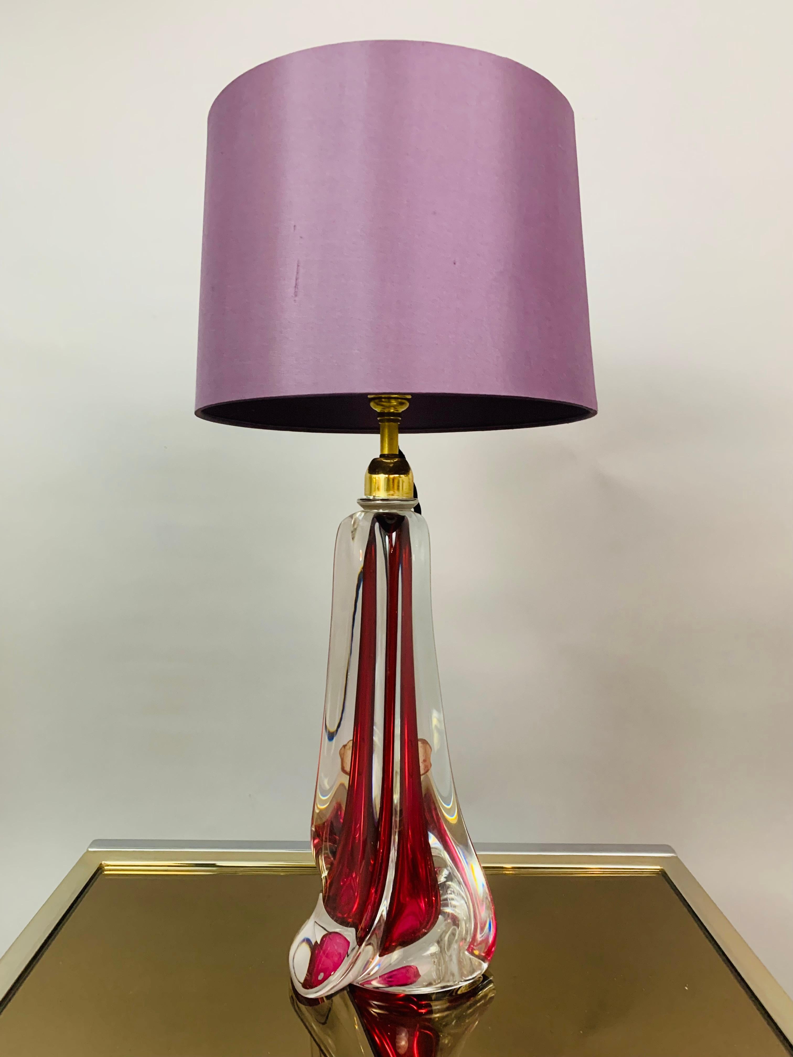 1950s Belgium Val Saint Lambert Red & Clear Crystal Glass % Brass Table Lamp 4