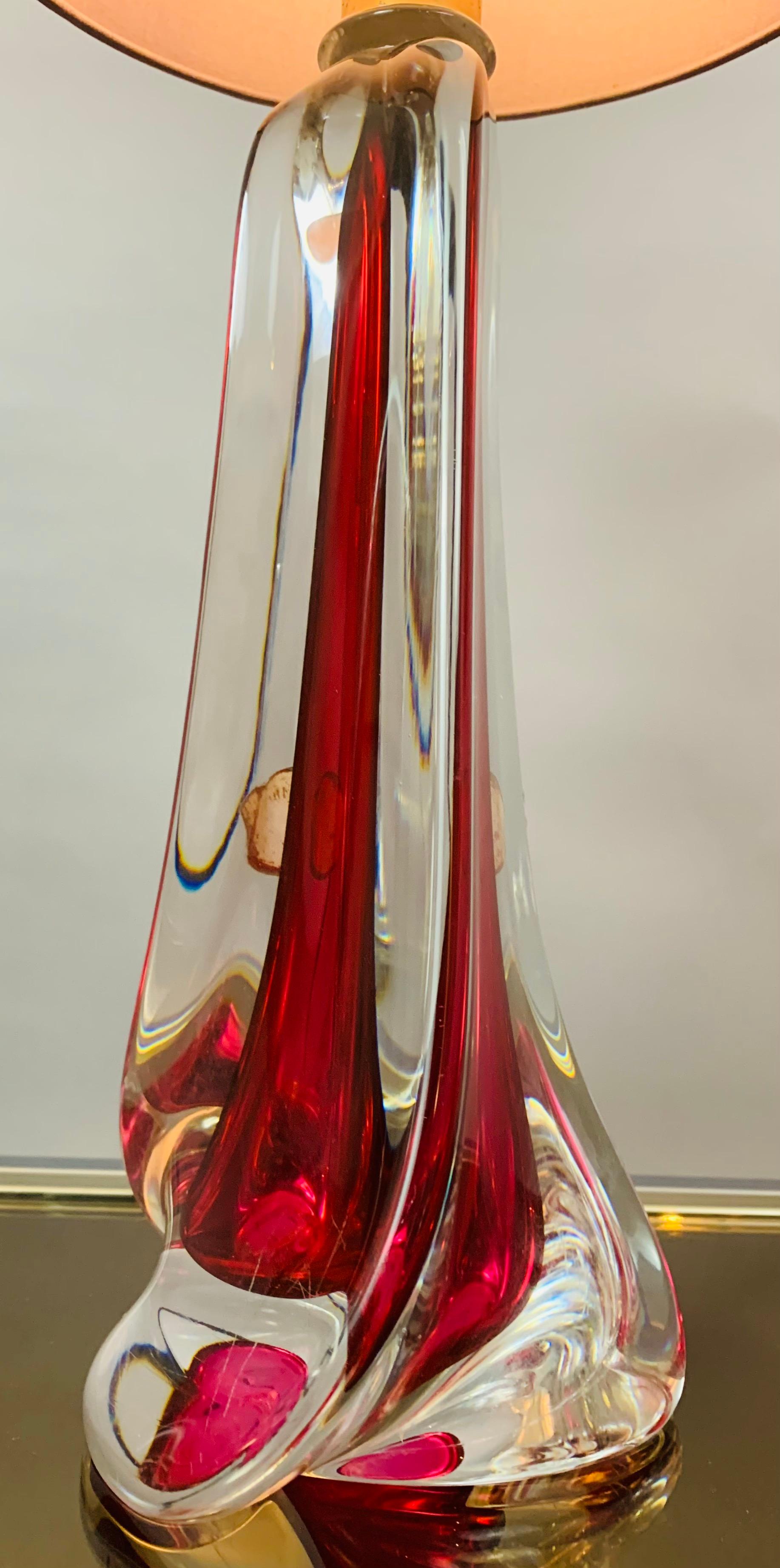1950s Belgium Val Saint Lambert Red & Clear Crystal Glass % Brass Table Lamp 5
