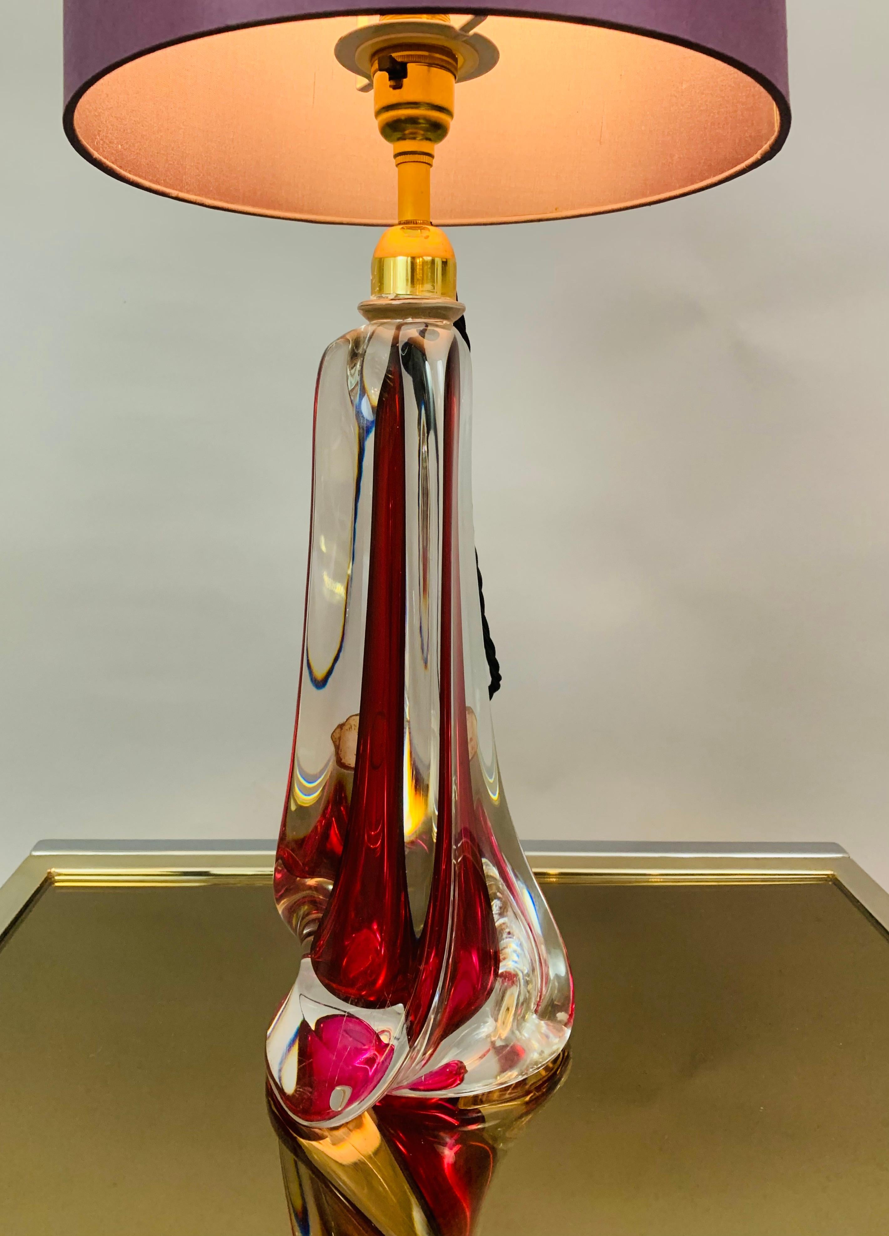 1950s Belgium Val Saint Lambert Red & Clear Crystal Glass % Brass Table Lamp 6