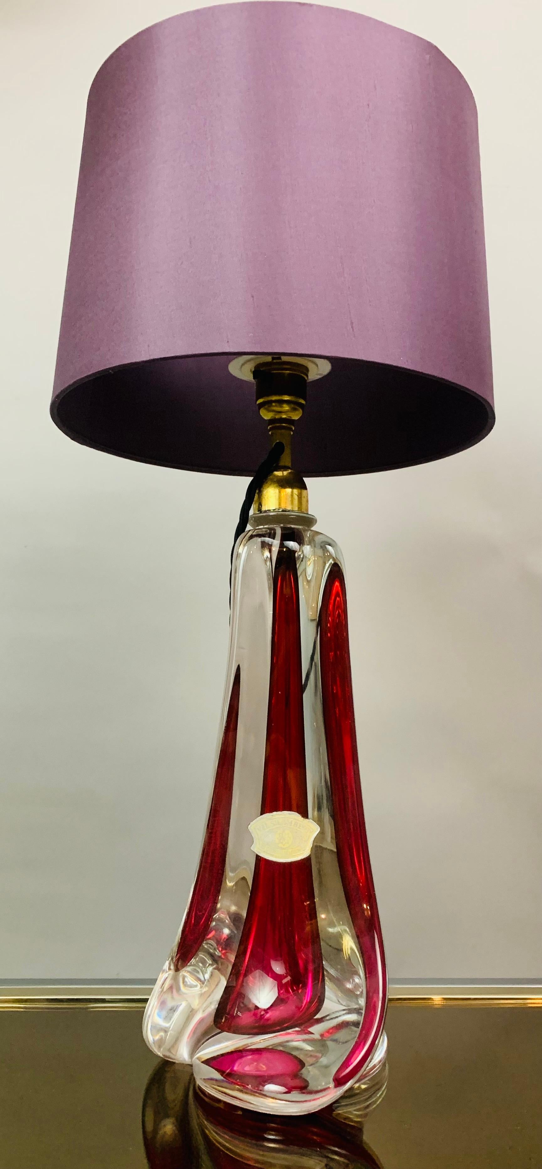 1950s Belgium Val Saint Lambert Red & Clear Crystal Glass % Brass Table Lamp 7