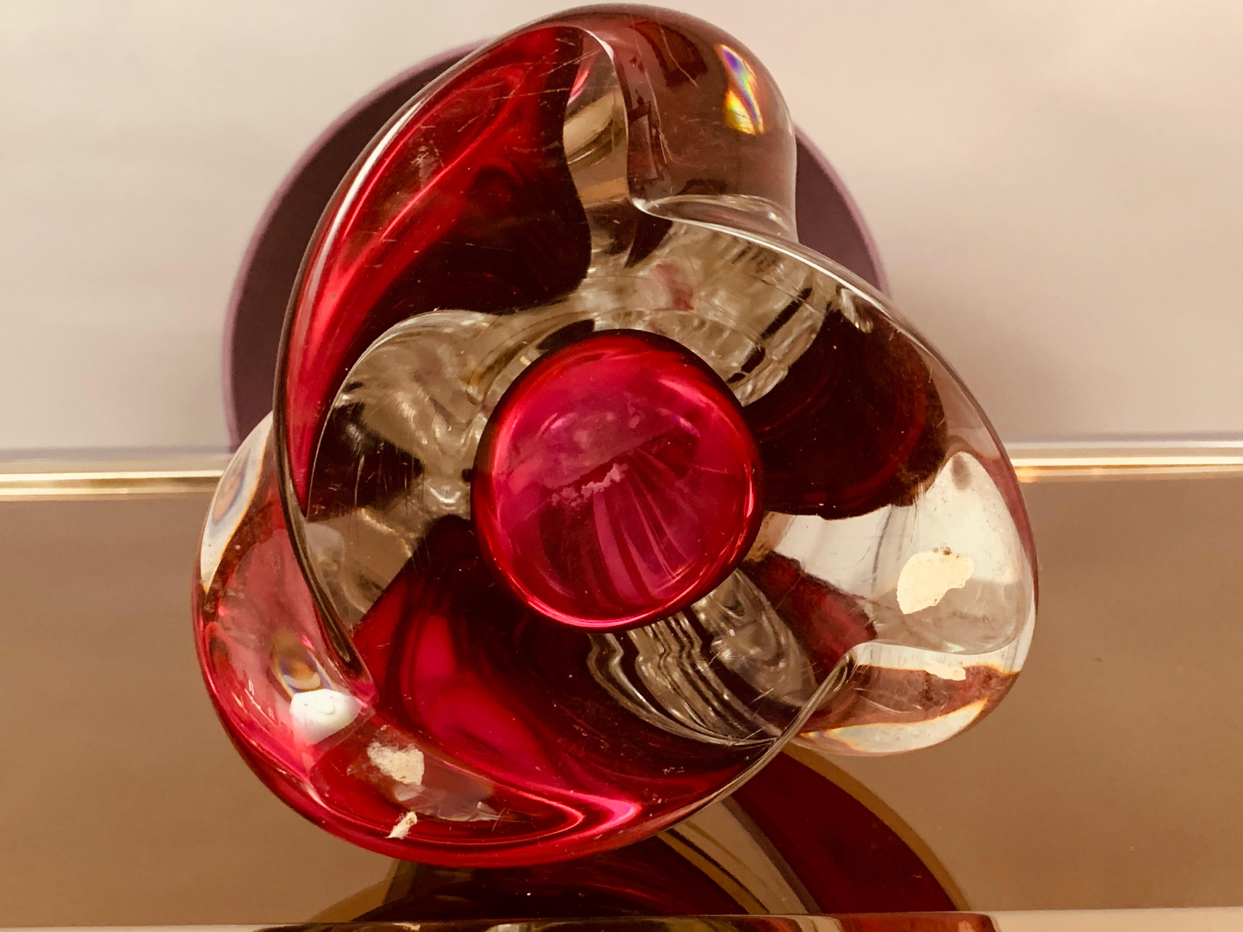 1950s Belgium Val Saint Lambert Red & Clear Crystal Glass % Brass Table Lamp 10