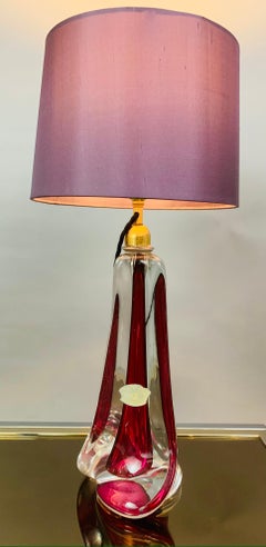 1950s Belgium Val Saint Lambert Red & Clear Crystal Glass % Brass Table Lamp