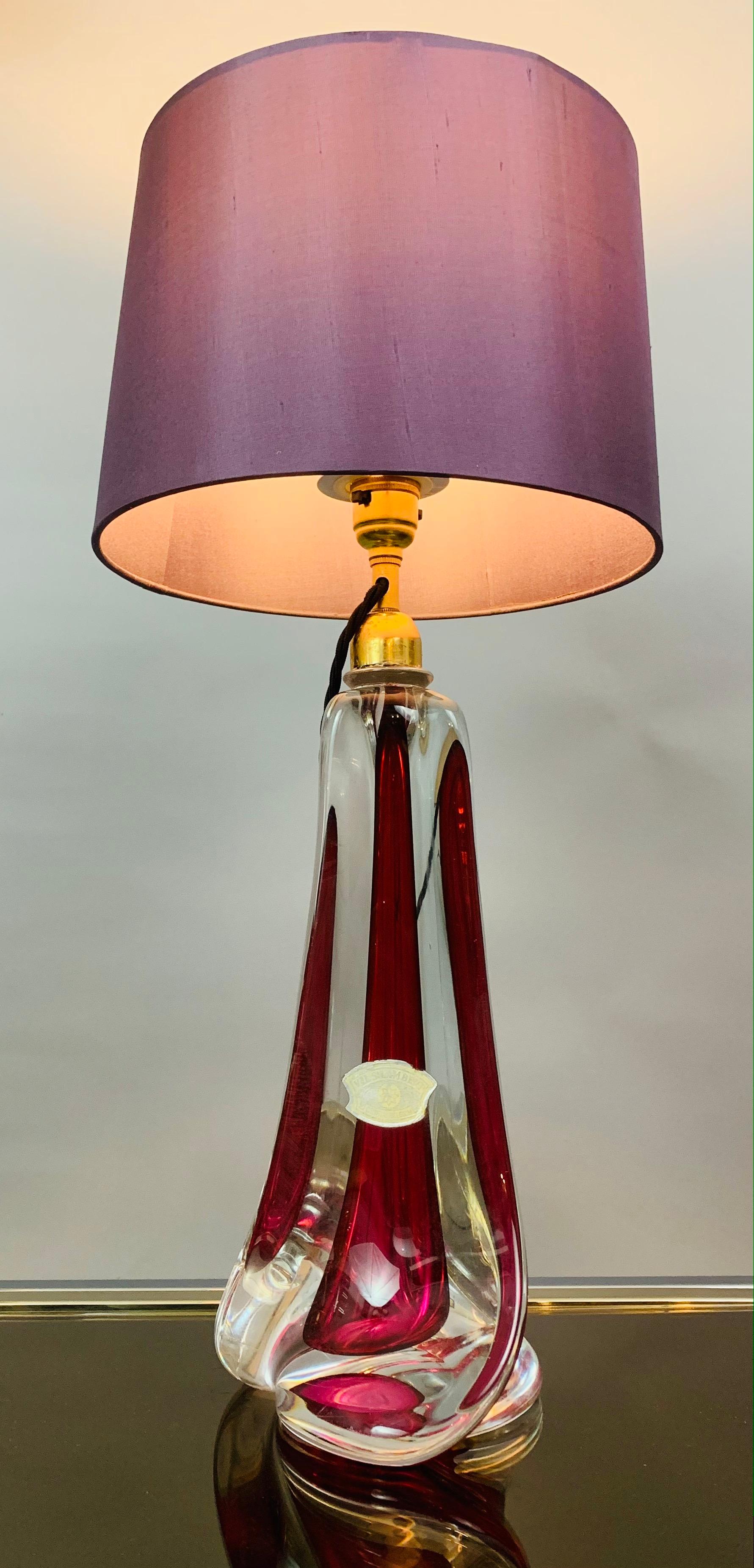 Mid-Century Modern 1950s Belgium Val Saint Lambert Red & Clear Crystal Glass % Brass Table Lamp