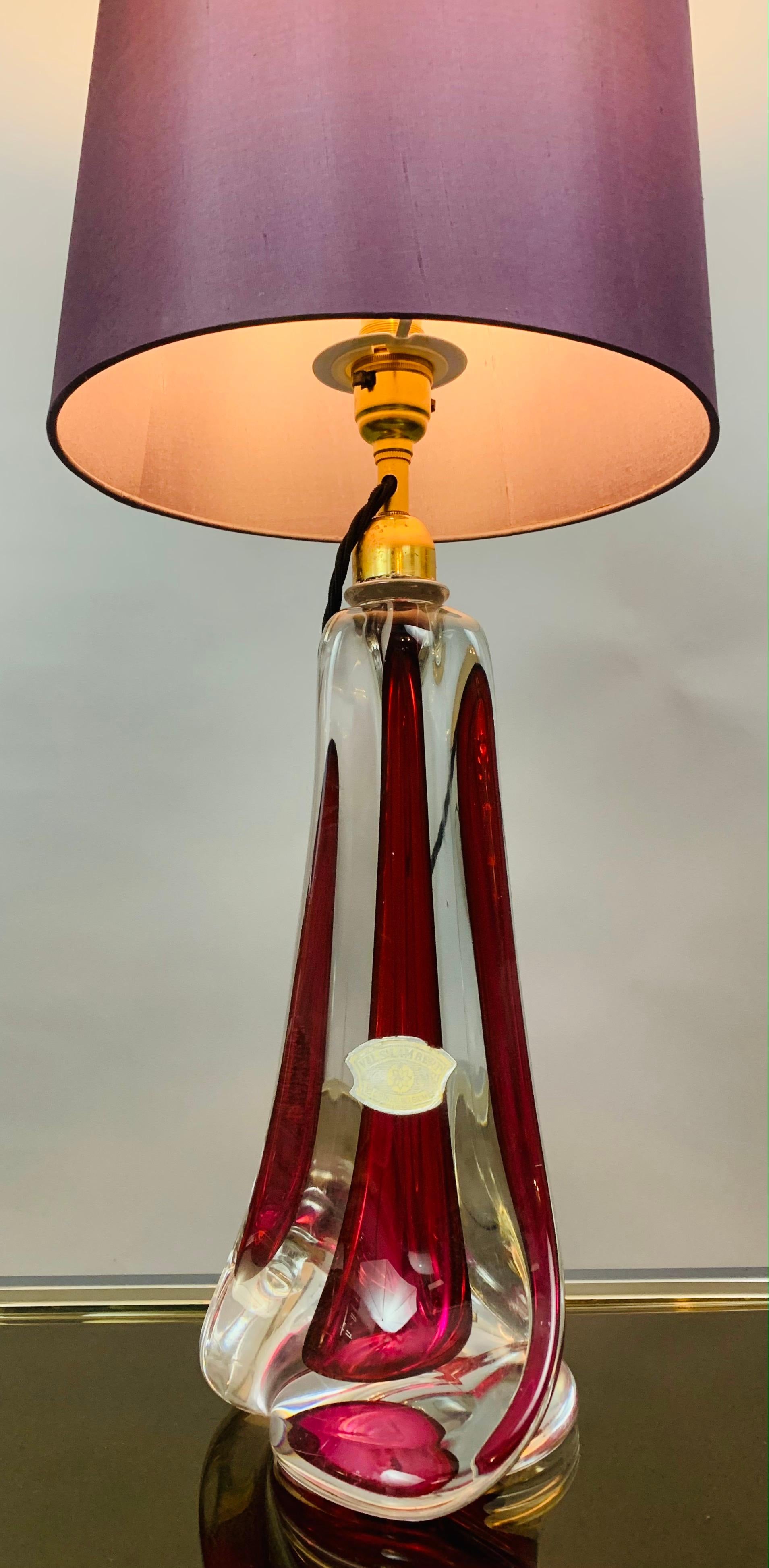 Belgian 1950s Belgium Val Saint Lambert Red & Clear Crystal Glass % Brass Table Lamp