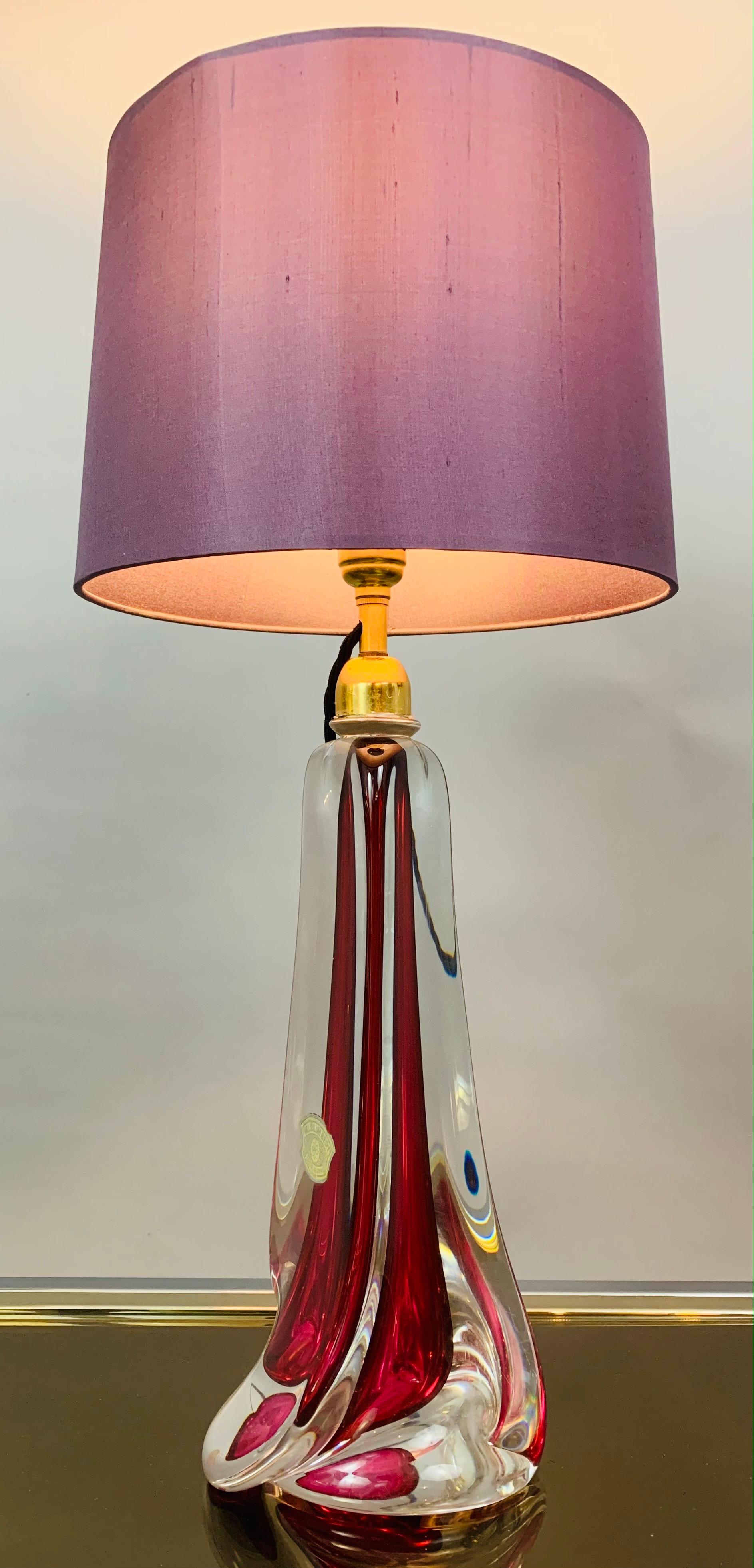 Polished 1950s Belgium Val Saint Lambert Red & Clear Crystal Glass % Brass Table Lamp