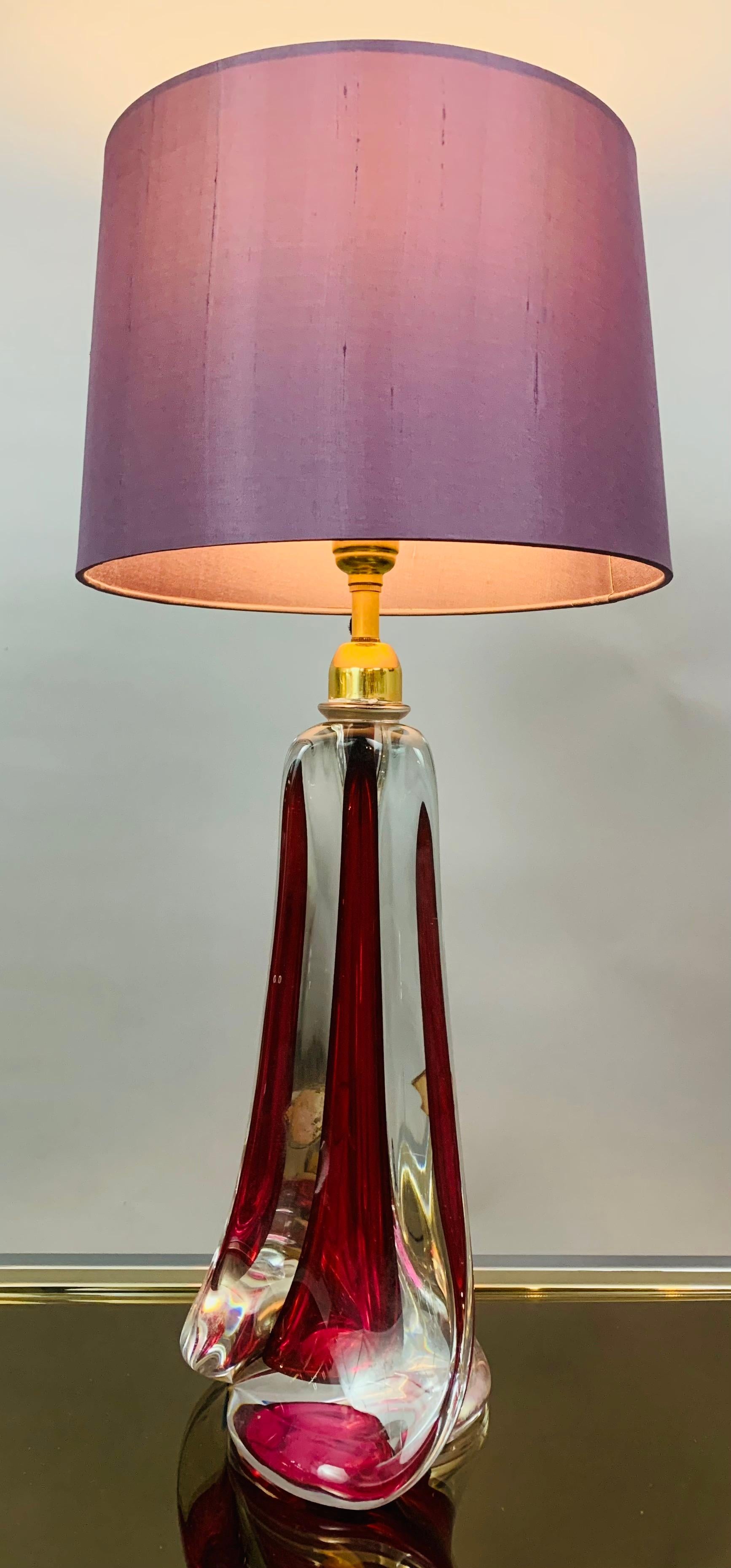 1950s Belgium Val Saint Lambert Red & Clear Crystal Glass % Brass Table Lamp In Good Condition In London, GB