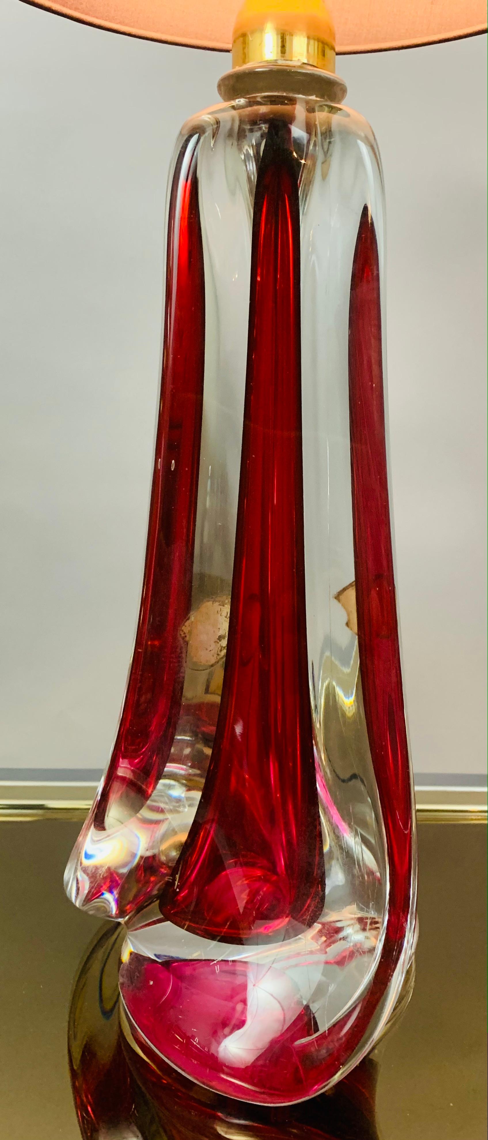 20th Century 1950s Belgium Val Saint Lambert Red & Clear Crystal Glass % Brass Table Lamp