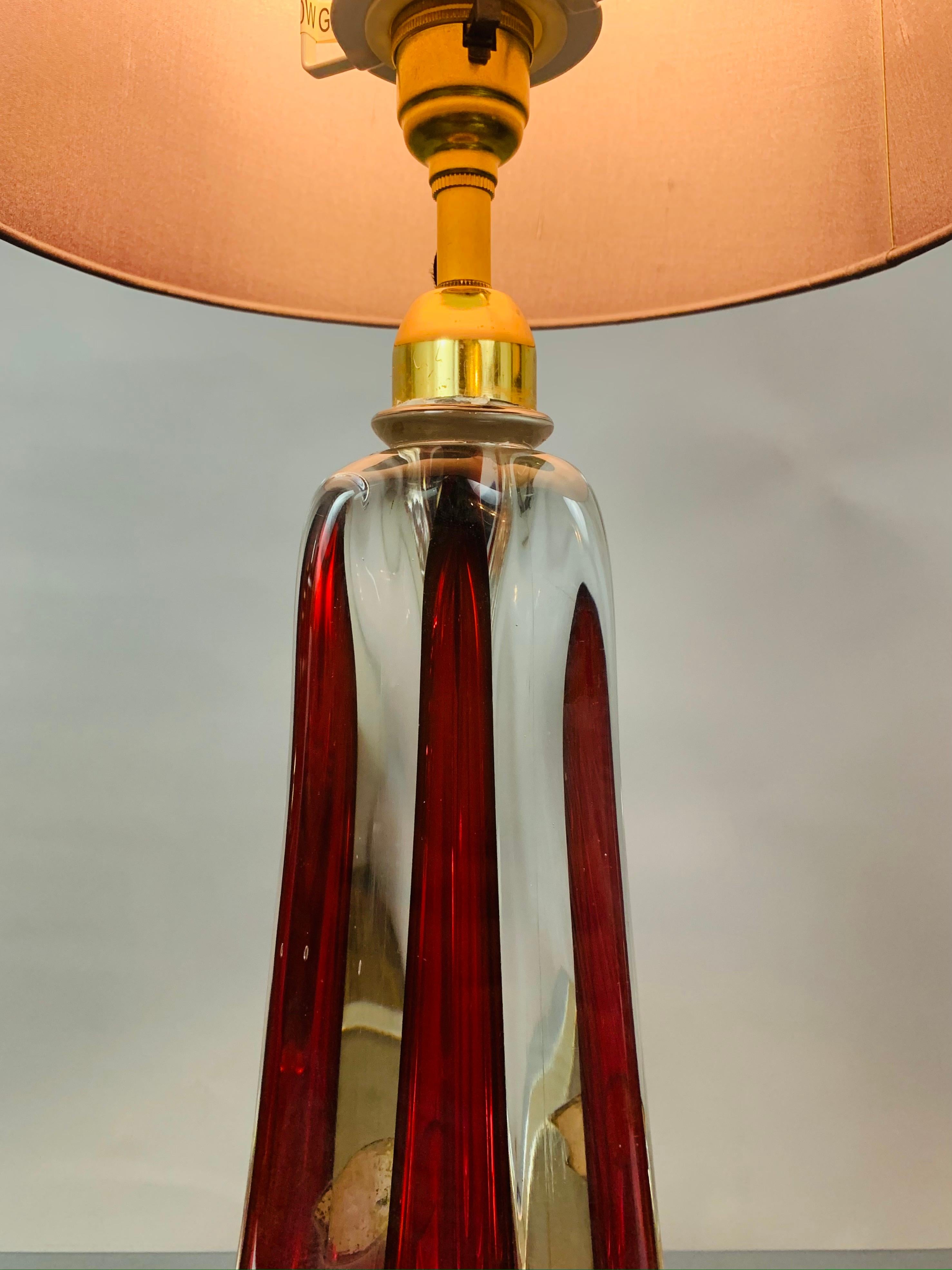 1950s Belgium Val Saint Lambert Red & Clear Crystal Glass % Brass Table Lamp 1