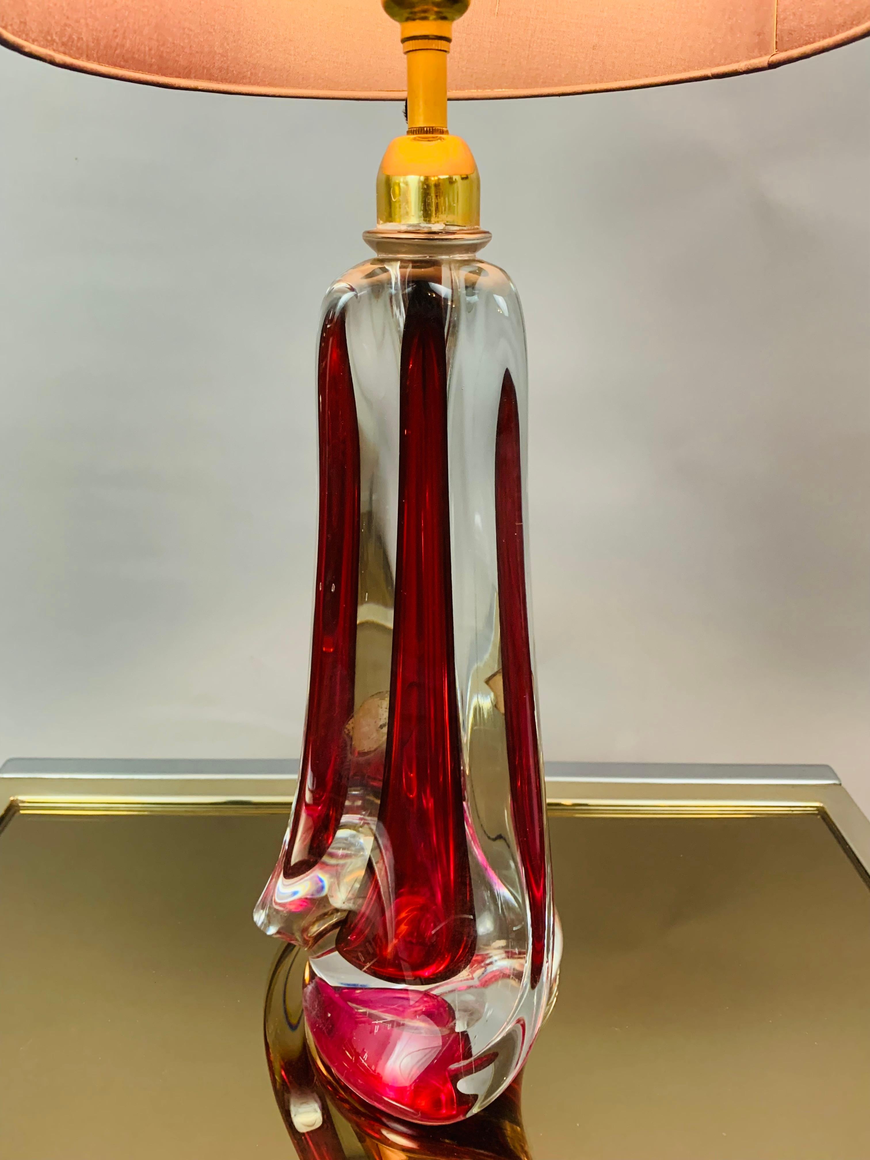 1950s Belgium Val Saint Lambert Red & Clear Crystal Glass % Brass Table Lamp 2