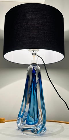 1950s Belgium Val St Lambert Blue & Clear Crystal Glass Table Lamp inc Shade