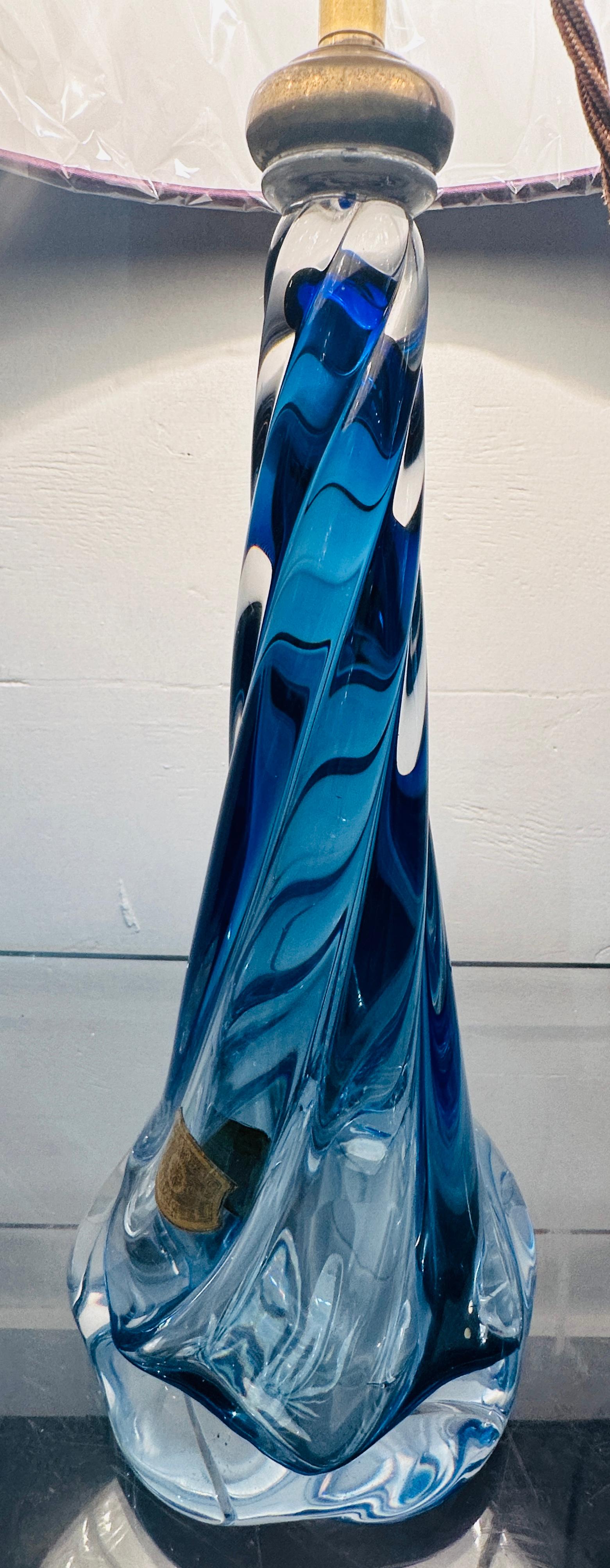 1950s Belgium Val St Lambert Blue & Clear Twisted Crystal Glass Lamp Base 3