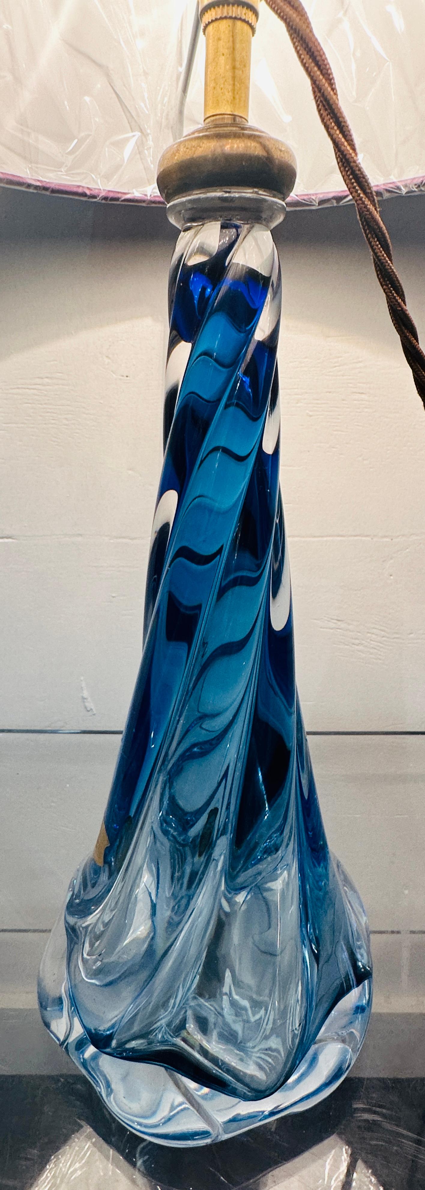 1950s Belgium Val St Lambert Blue & Clear Twisted Crystal Glass Lamp Base 4
