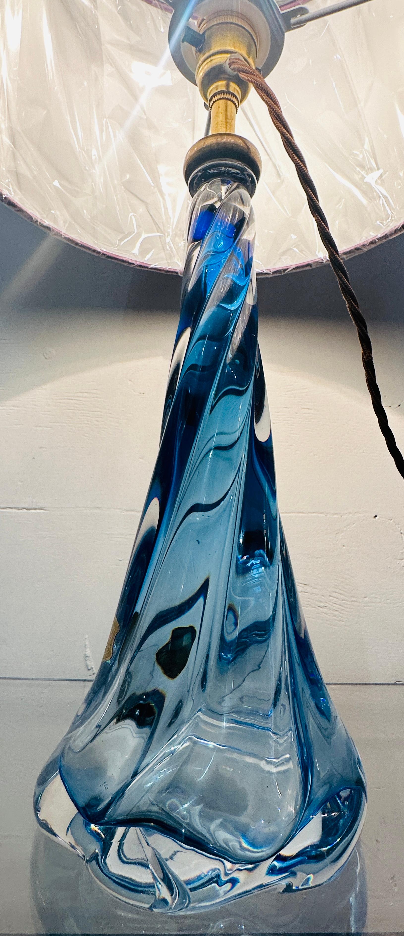 1950s Belgium Val St Lambert Blue & Clear Twisted Crystal Glass Lamp Base 5