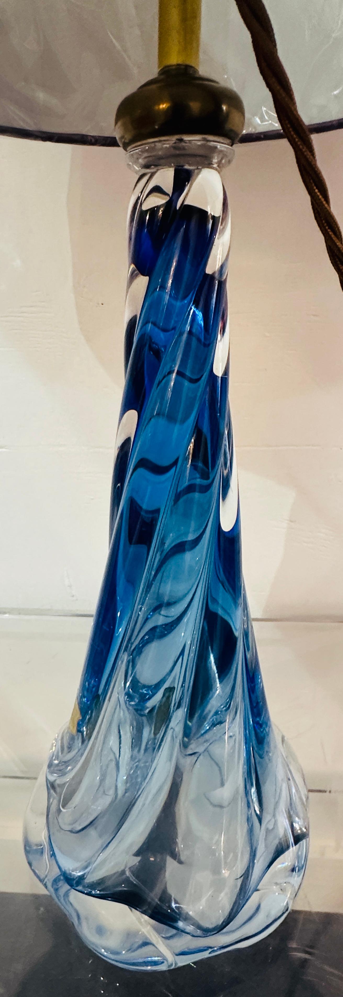 1950s Belgium Val St Lambert Blue & Clear Twisted Crystal Glass Lamp Base 6