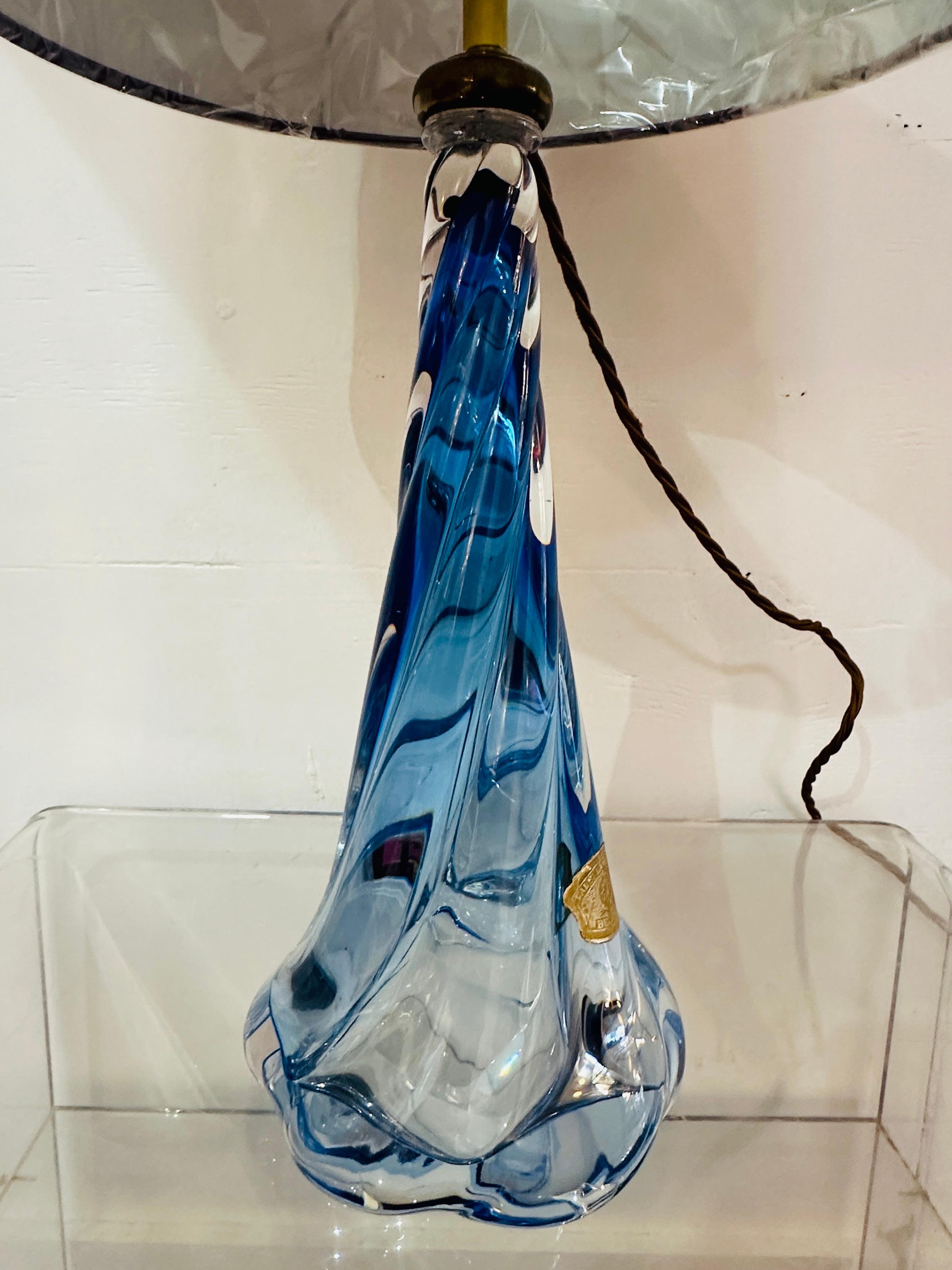 1950s Belgium Val St Lambert Blue & Clear Twisted Crystal Glass Lamp Base 7