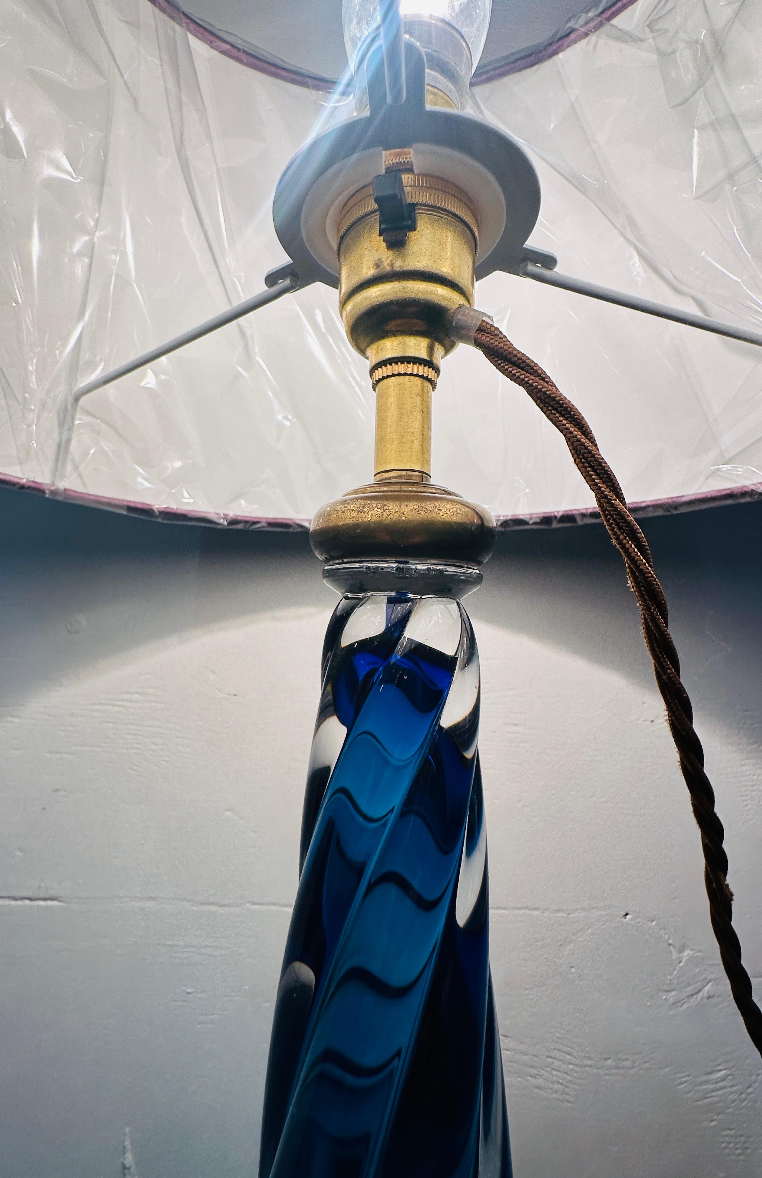 1950s Belgium Val St Lambert Blue & Clear Twisted Crystal Glass Lamp Base 9