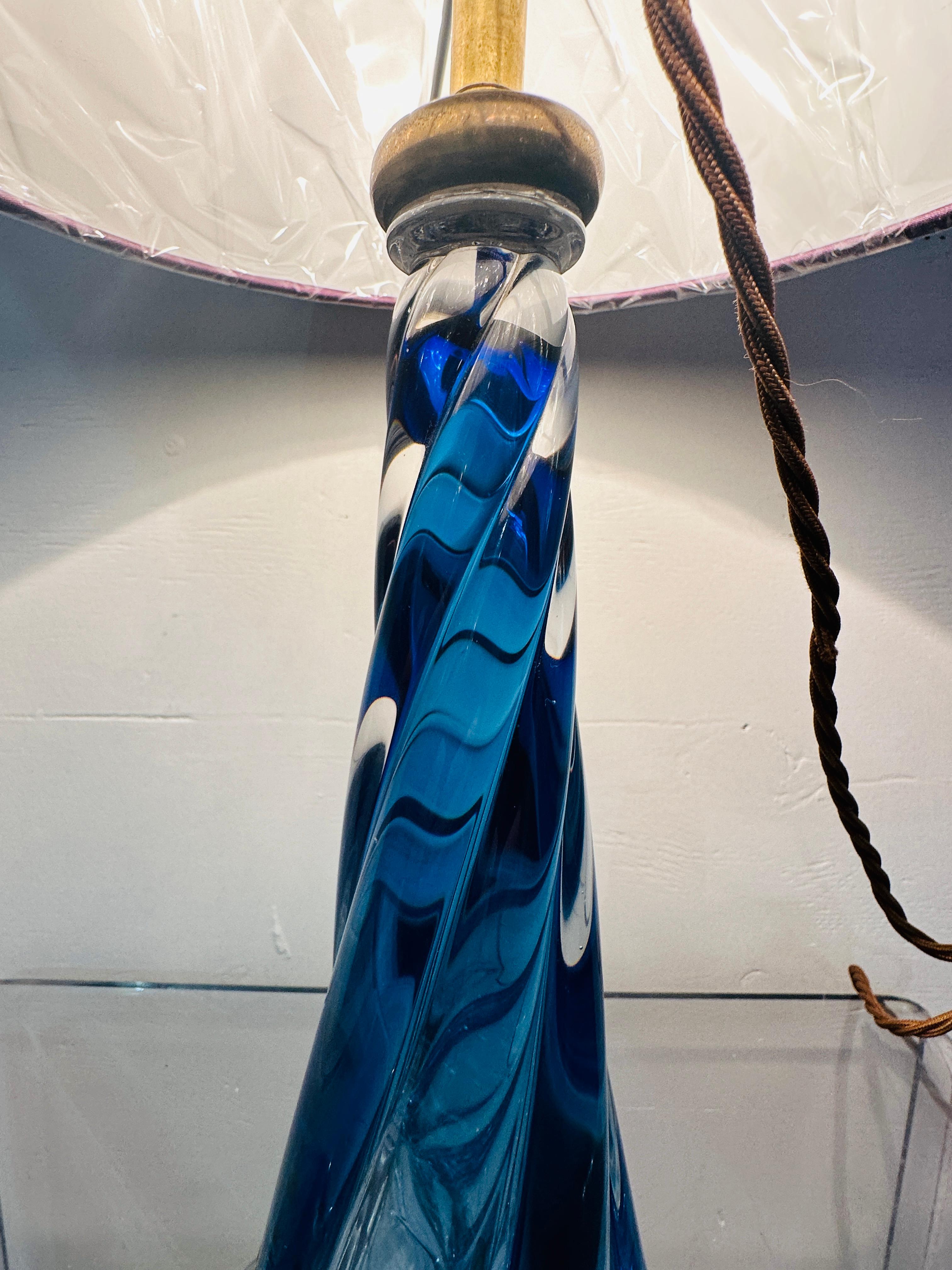 1950s Belgium Val St Lambert Blue & Clear Twisted Crystal Glass Lamp Base 10