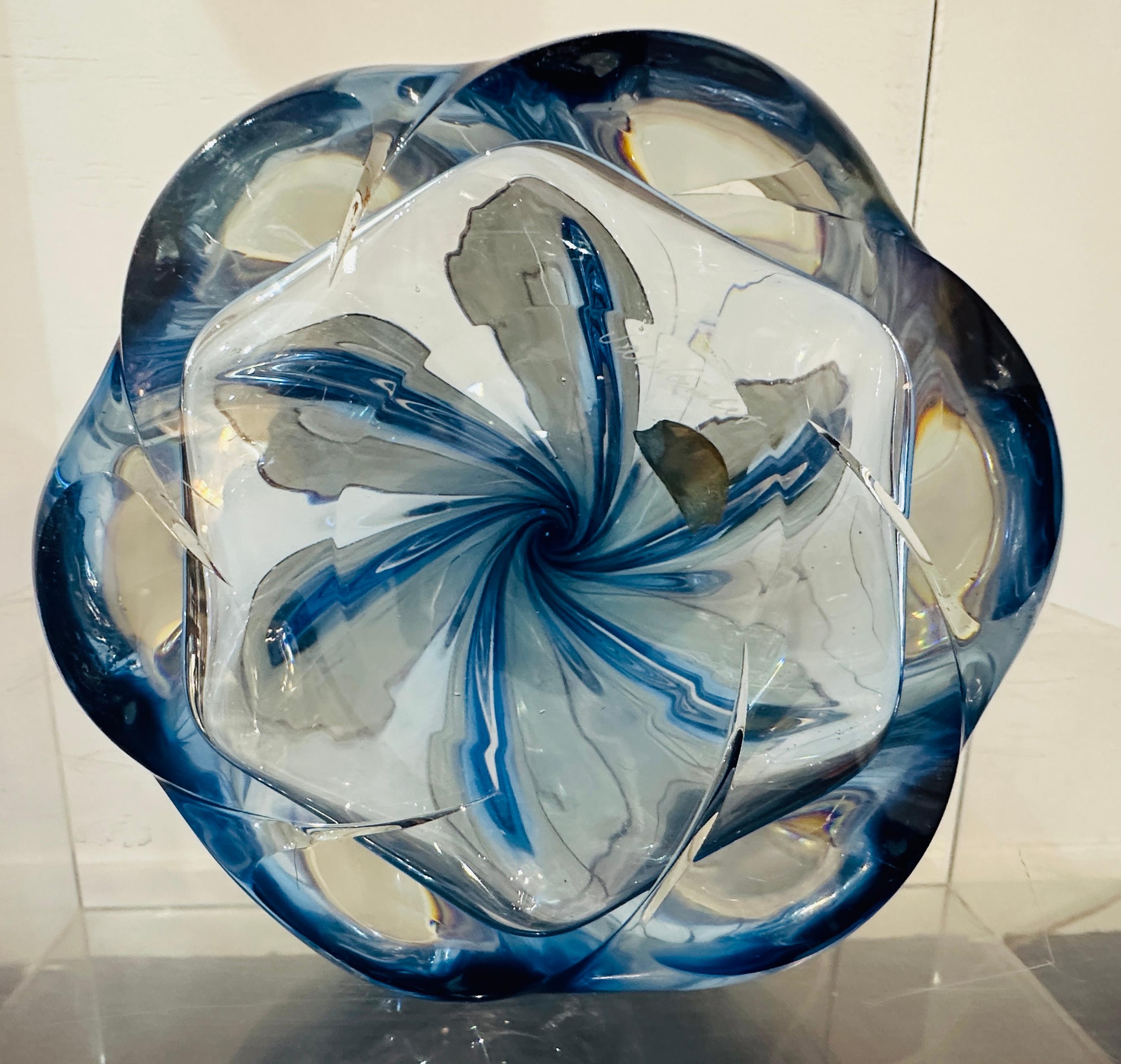 1950s Belgium Val St Lambert Blue & Clear Twisted Crystal Glass Lamp Base 11