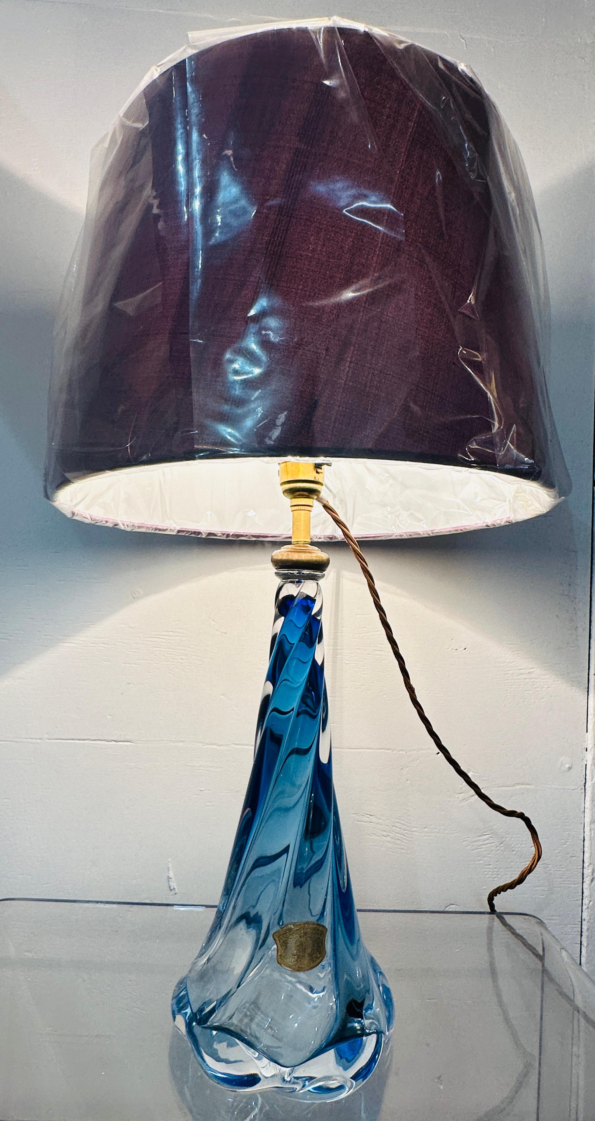 Mid-Century Modern 1950s Belgium Val St Lambert Blue & Clear Twisted Crystal Glass Lamp Base