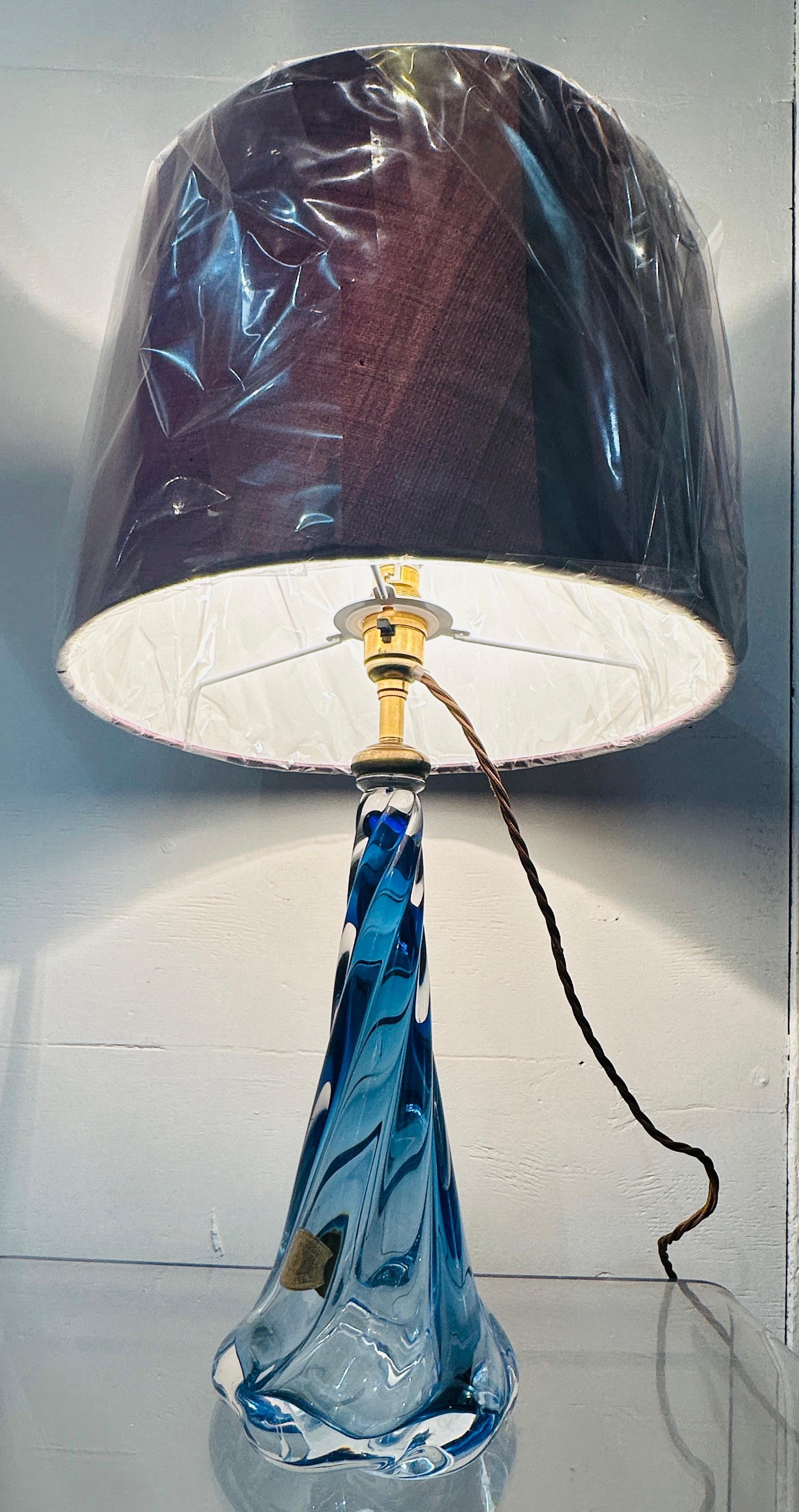 Belgian 1950s Belgium Val St Lambert Blue & Clear Twisted Crystal Glass Lamp Base