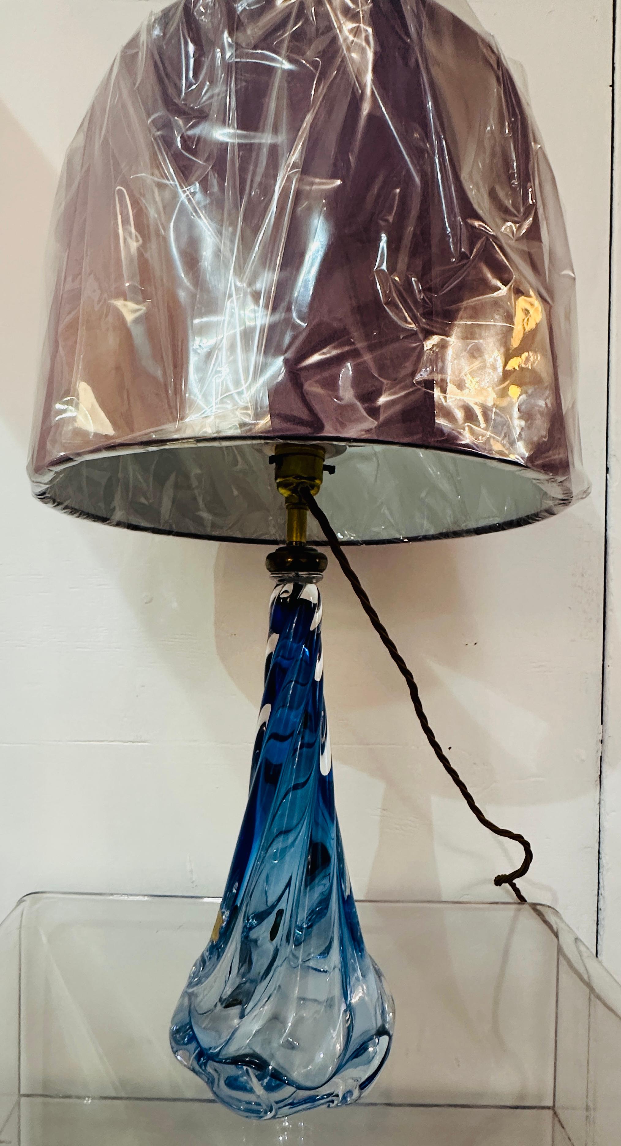 1950s Belgium Val St Lambert Blue & Clear Twisted Crystal Glass Lamp Base In Good Condition In London, England