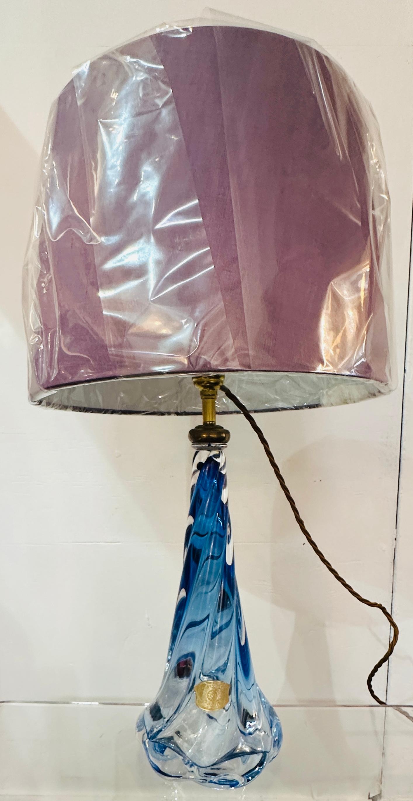 20th Century 1950s Belgium Val St Lambert Blue & Clear Twisted Crystal Glass Lamp Base