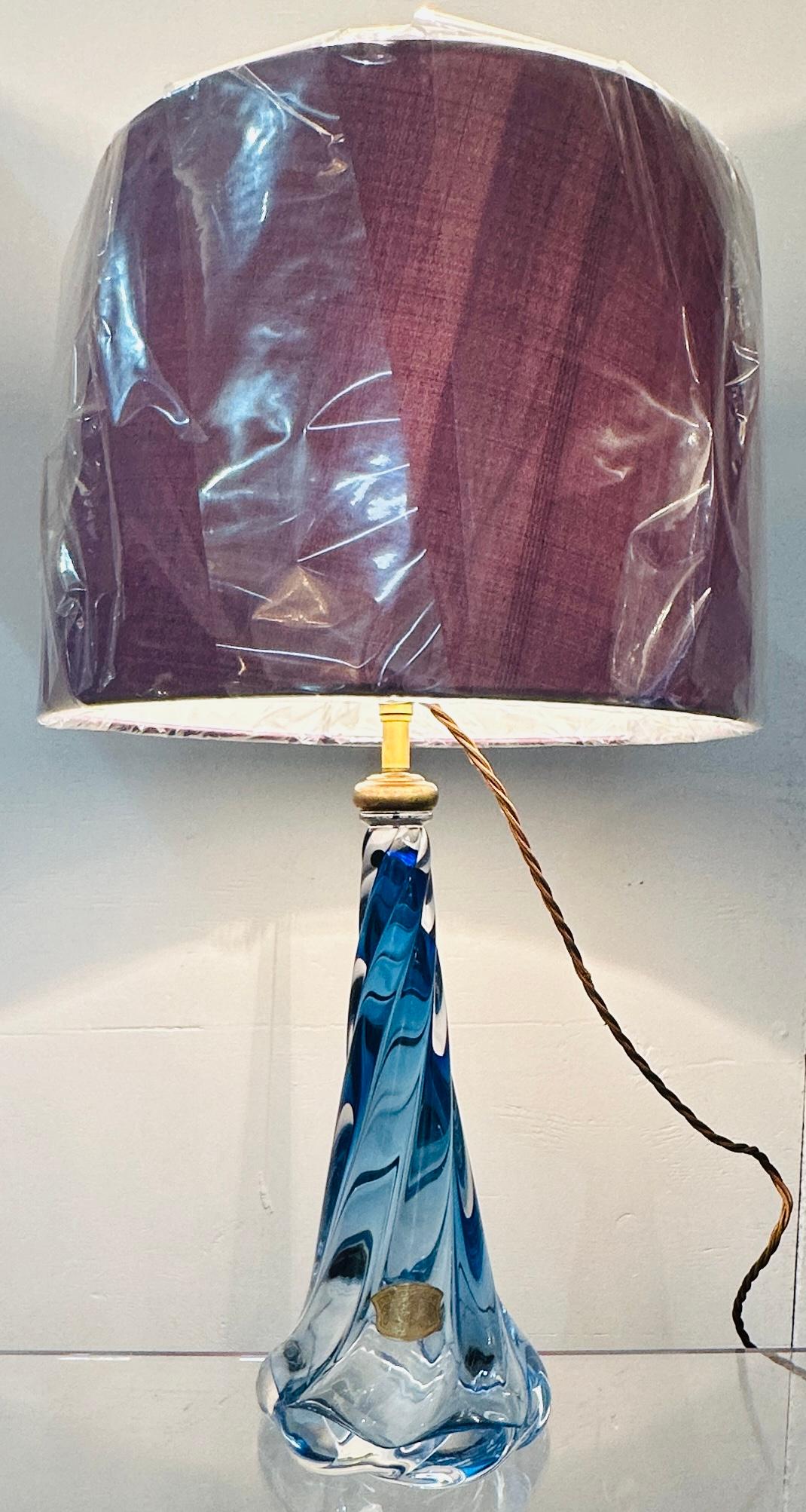 Brass 1950s Belgium Val St Lambert Blue & Clear Twisted Crystal Glass Lamp Base