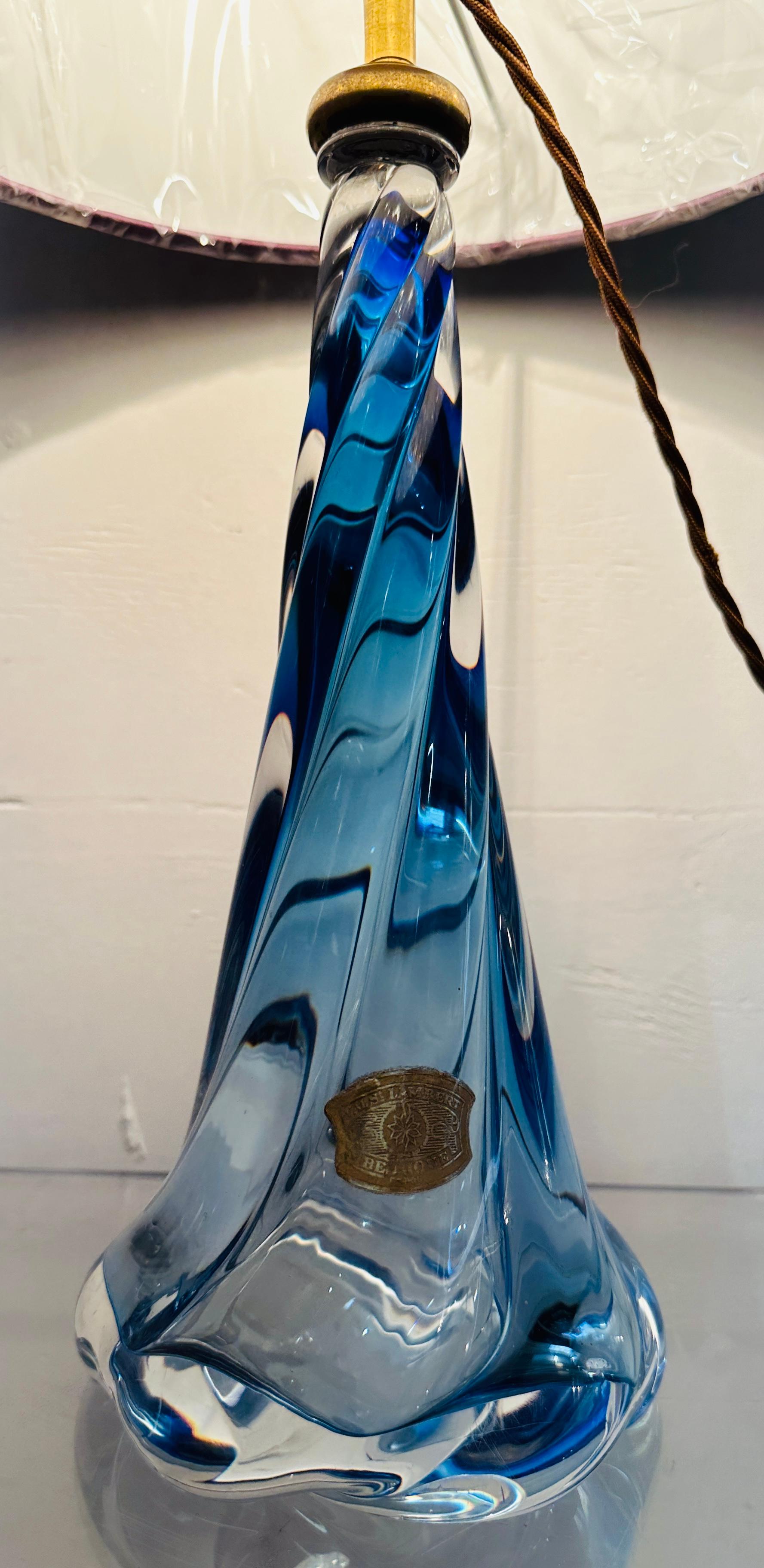 1950s Belgium Val St Lambert Blue & Clear Twisted Crystal Glass Lamp Base 1