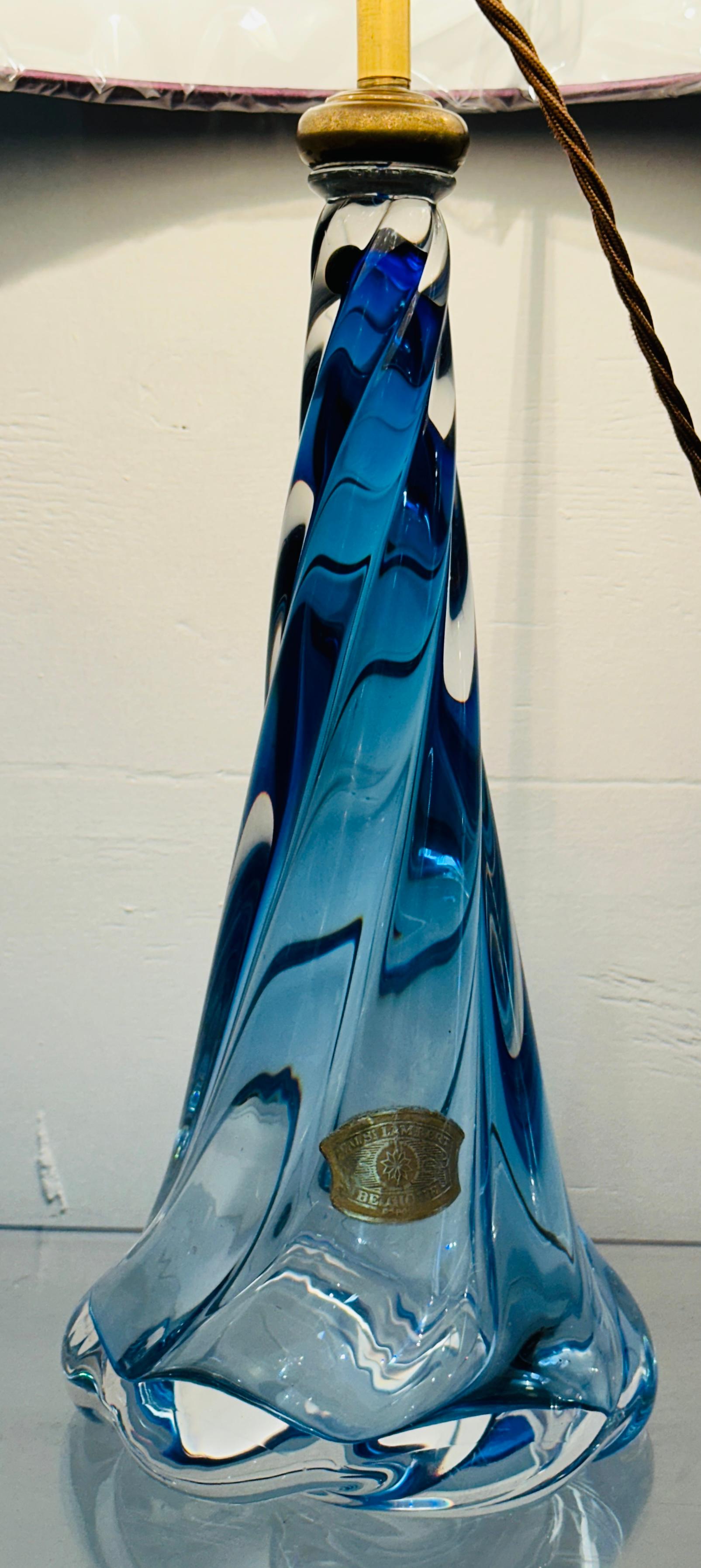1950s Belgium Val St Lambert Blue & Clear Twisted Crystal Glass Lamp Base 2