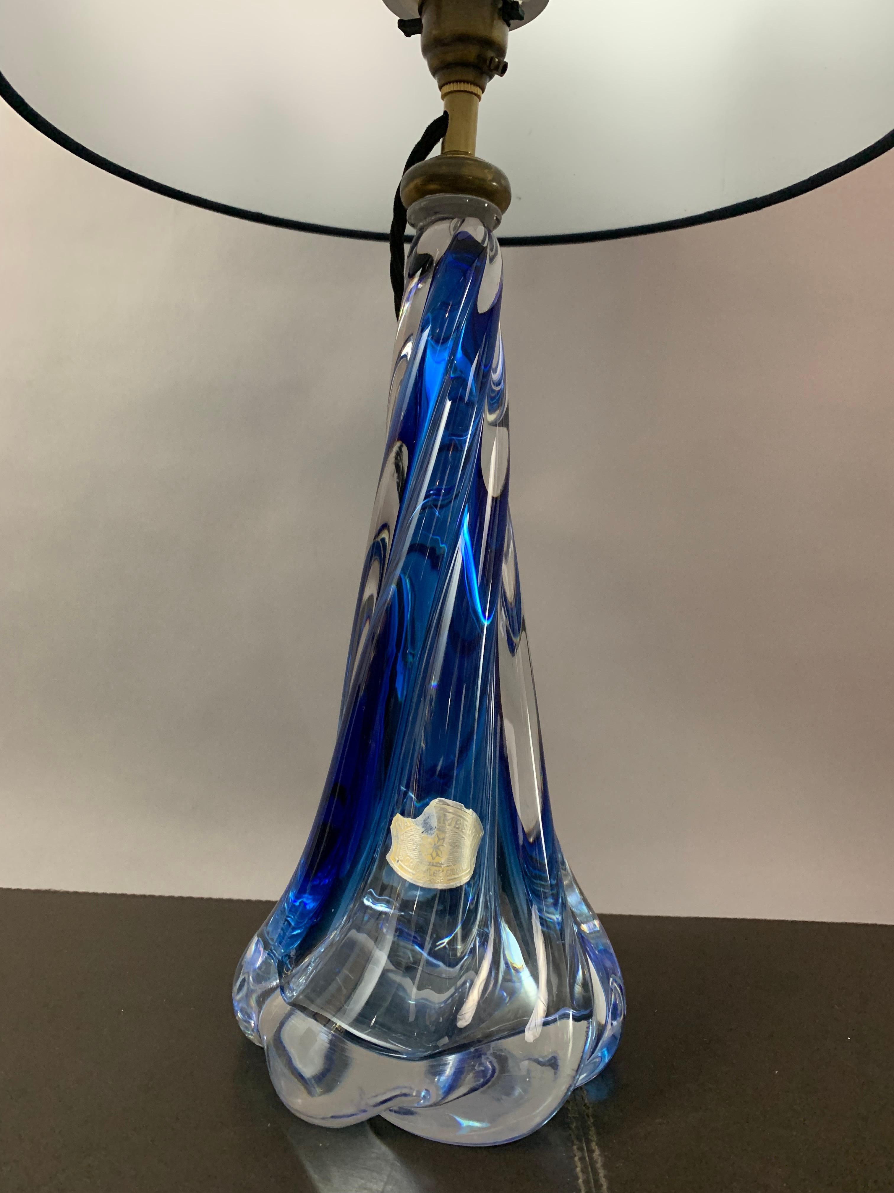 1950s Belgium Val St Lambert Blue & Clear Twisted Crystal Glass Table Lamp Base 3