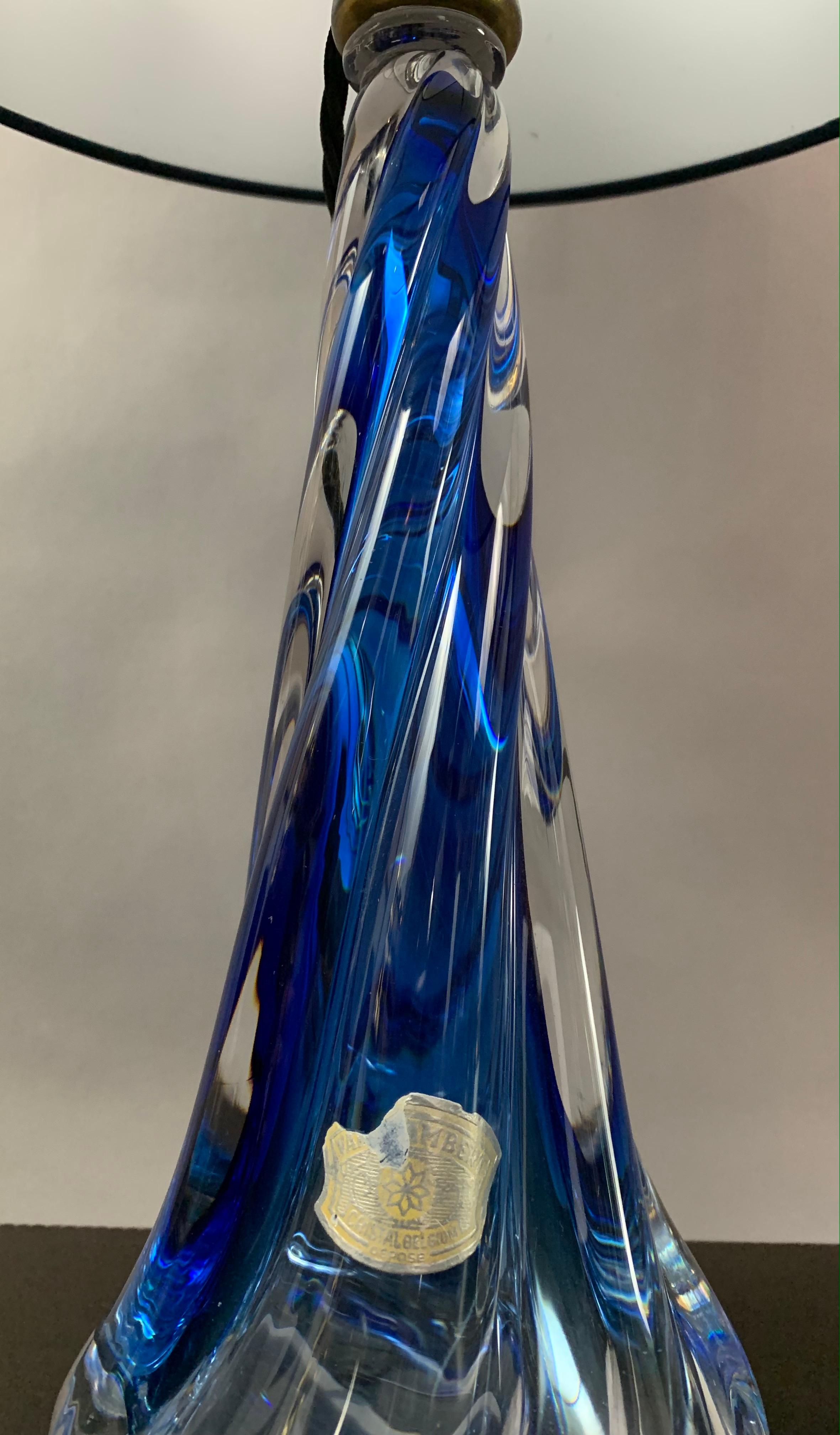 1950s Belgium Val St Lambert Blue & Clear Twisted Crystal Glass Table Lamp Base 5