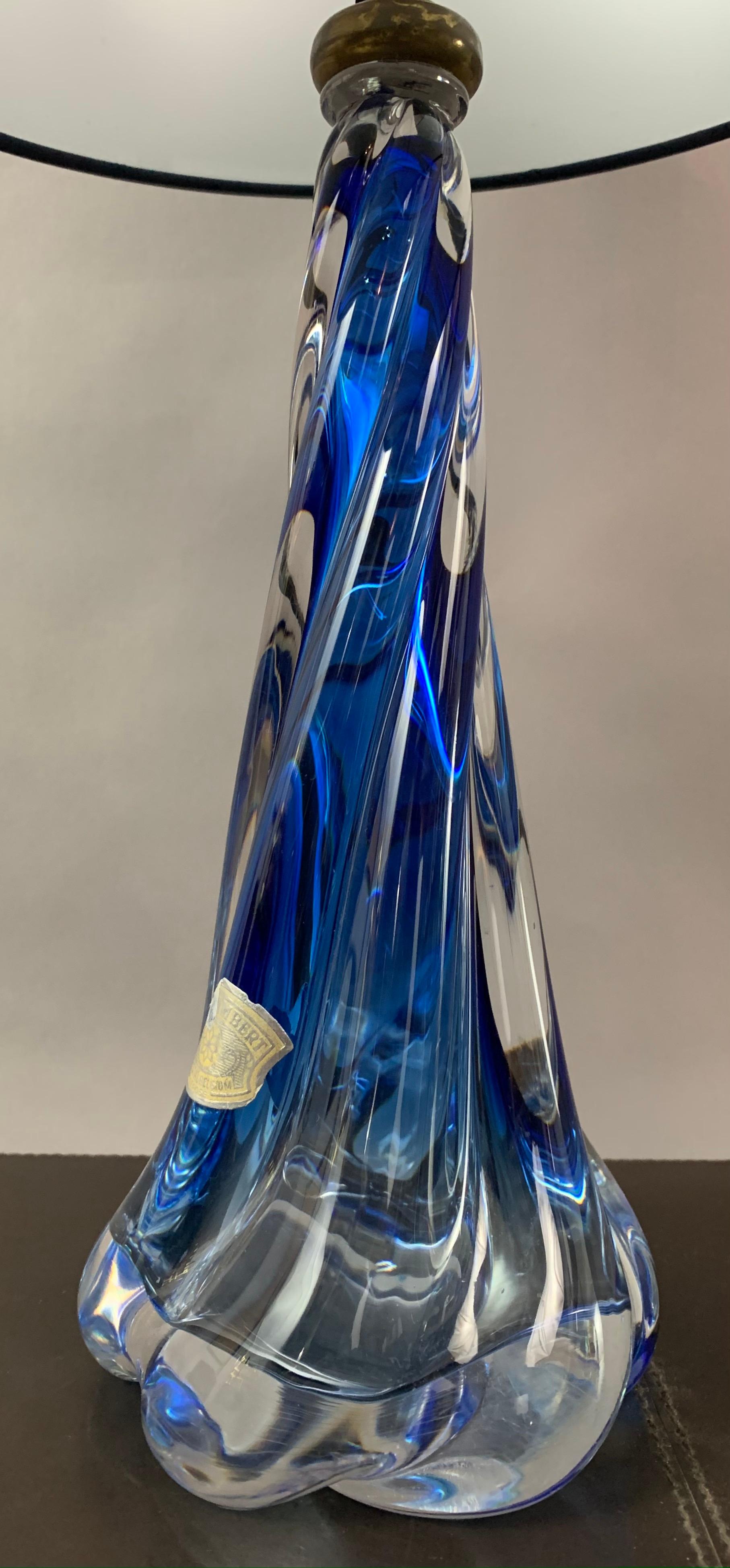 1950s Belgium Val St Lambert Blue & Clear Twisted Crystal Glass Table Lamp Base 6