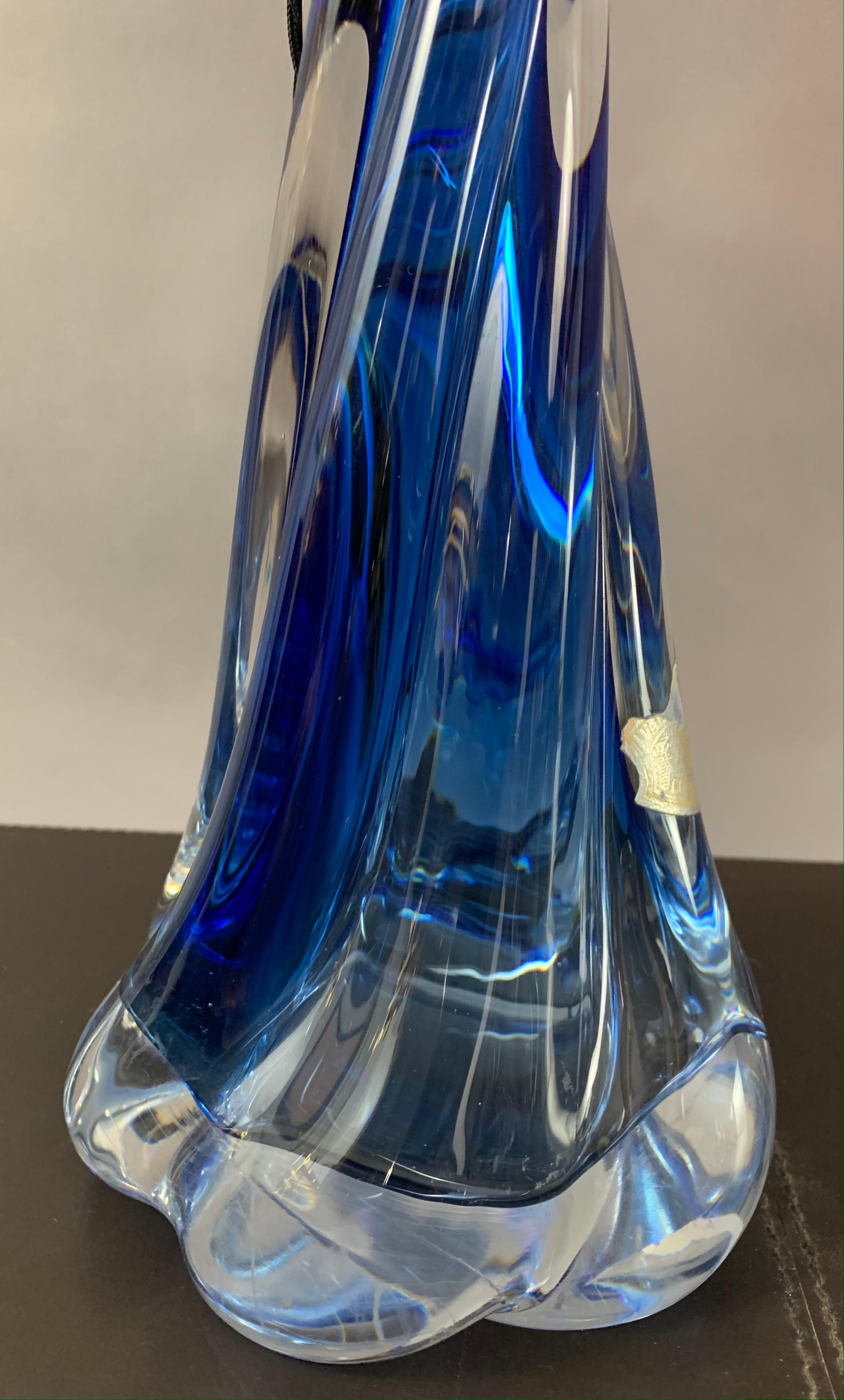 1950s Belgium Val St Lambert Blue & Clear Twisted Crystal Glass Table Lamp Base 8