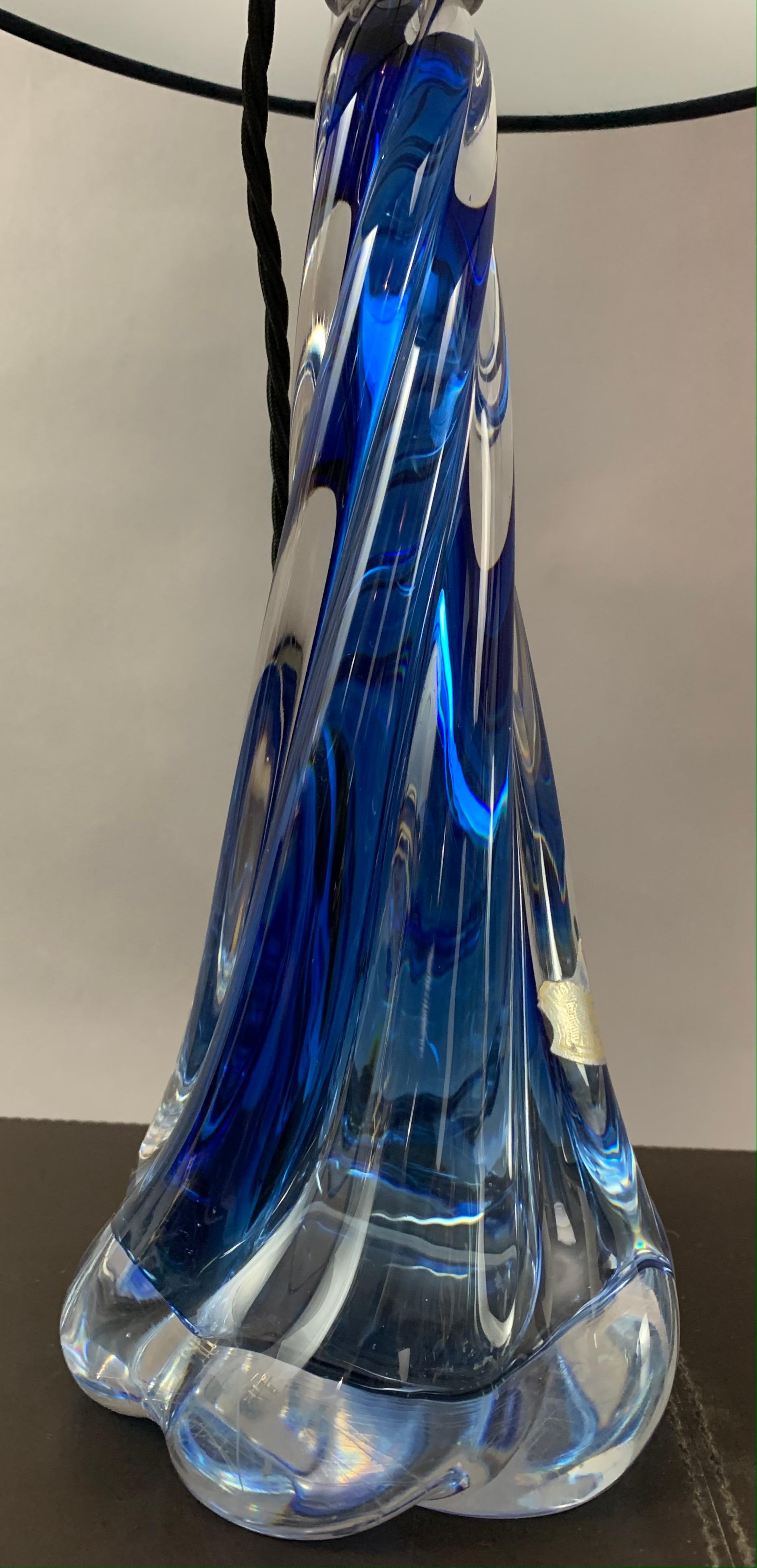 1950s Belgium Val St Lambert Blue & Clear Twisted Crystal Glass Table Lamp Base 10