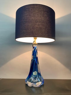 1950s Belgium Val St Lambert Blue & Clear Twisted Crystal Glass Table Lamp Base