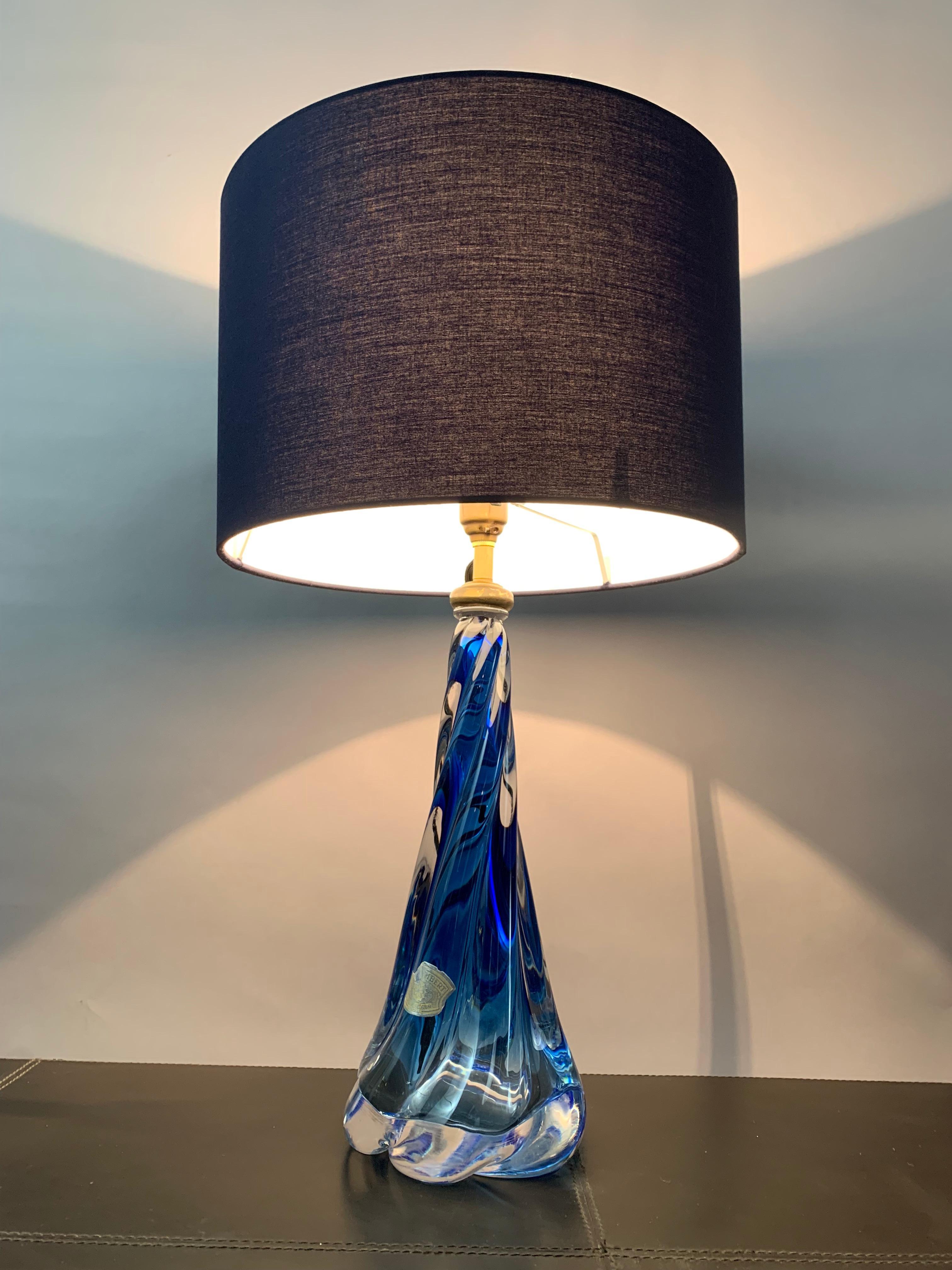 Mid-Century Modern 1950s Belgium Val St Lambert Blue & Clear Twisted Crystal Glass Table Lamp Base
