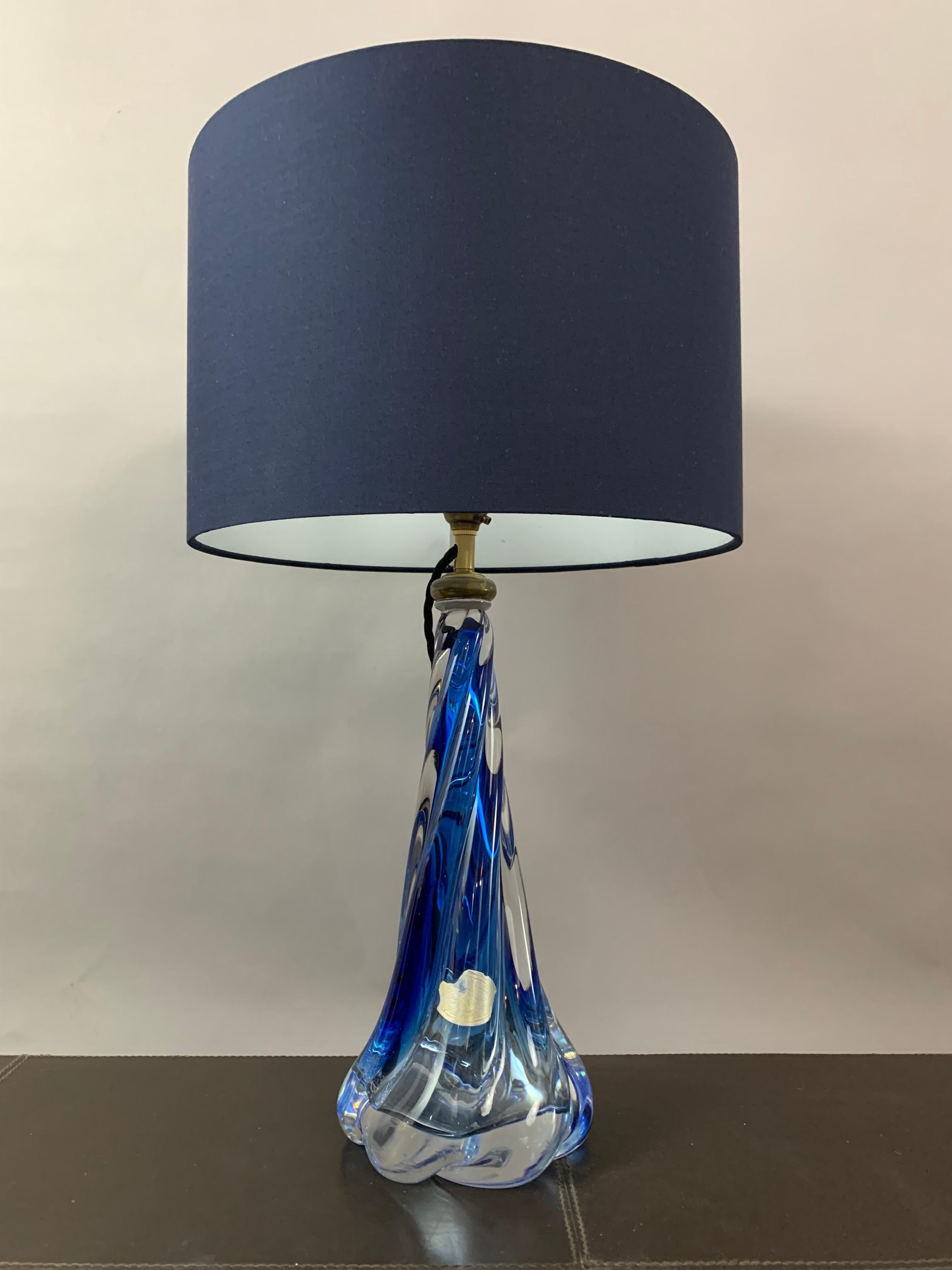 Hand-Crafted 1950s Belgium Val St Lambert Blue & Clear Twisted Crystal Glass Table Lamp Base