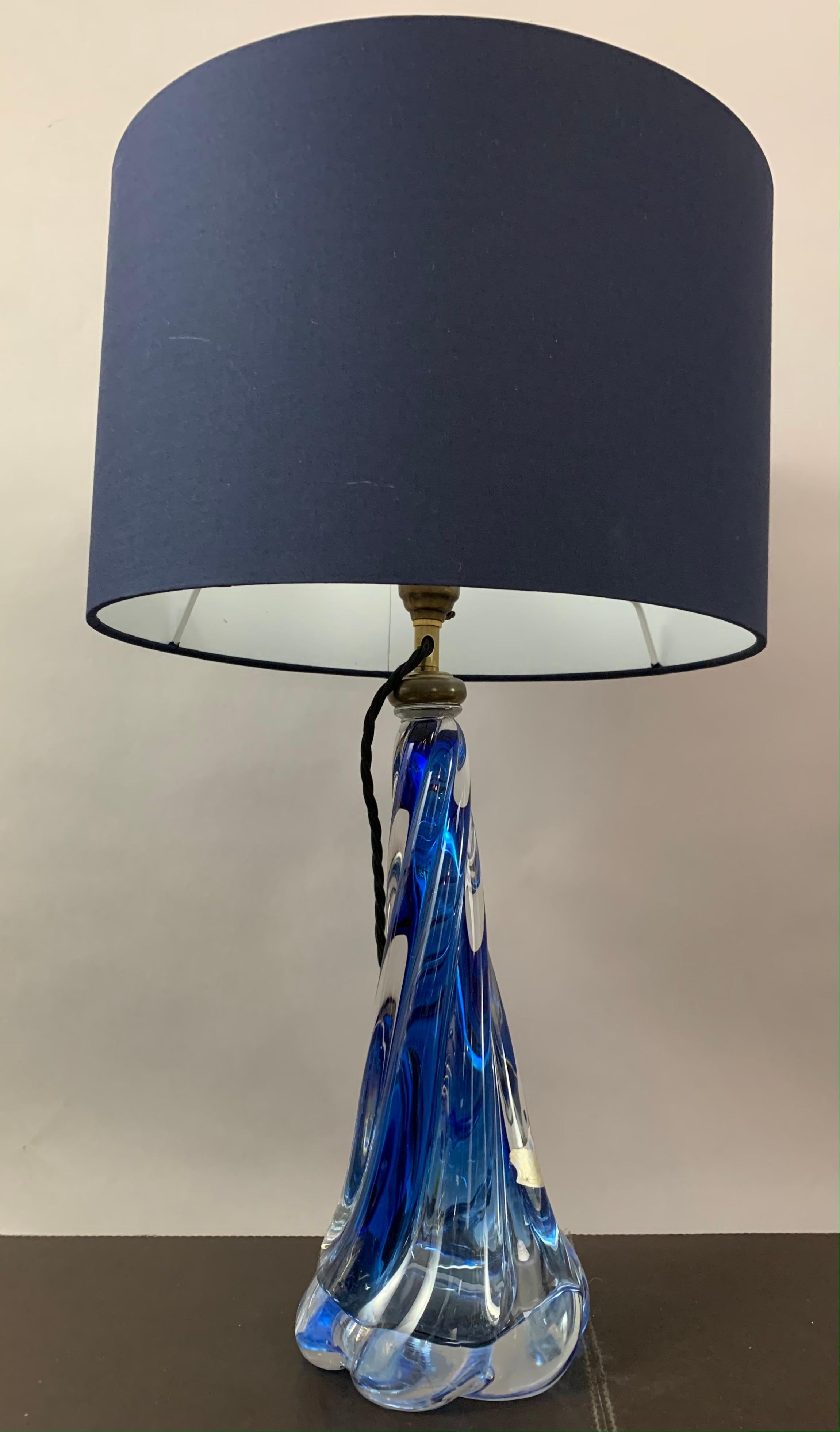 1950s Belgium Val St Lambert Blue & Clear Twisted Crystal Glass Table Lamp Base In Good Condition In London, GB