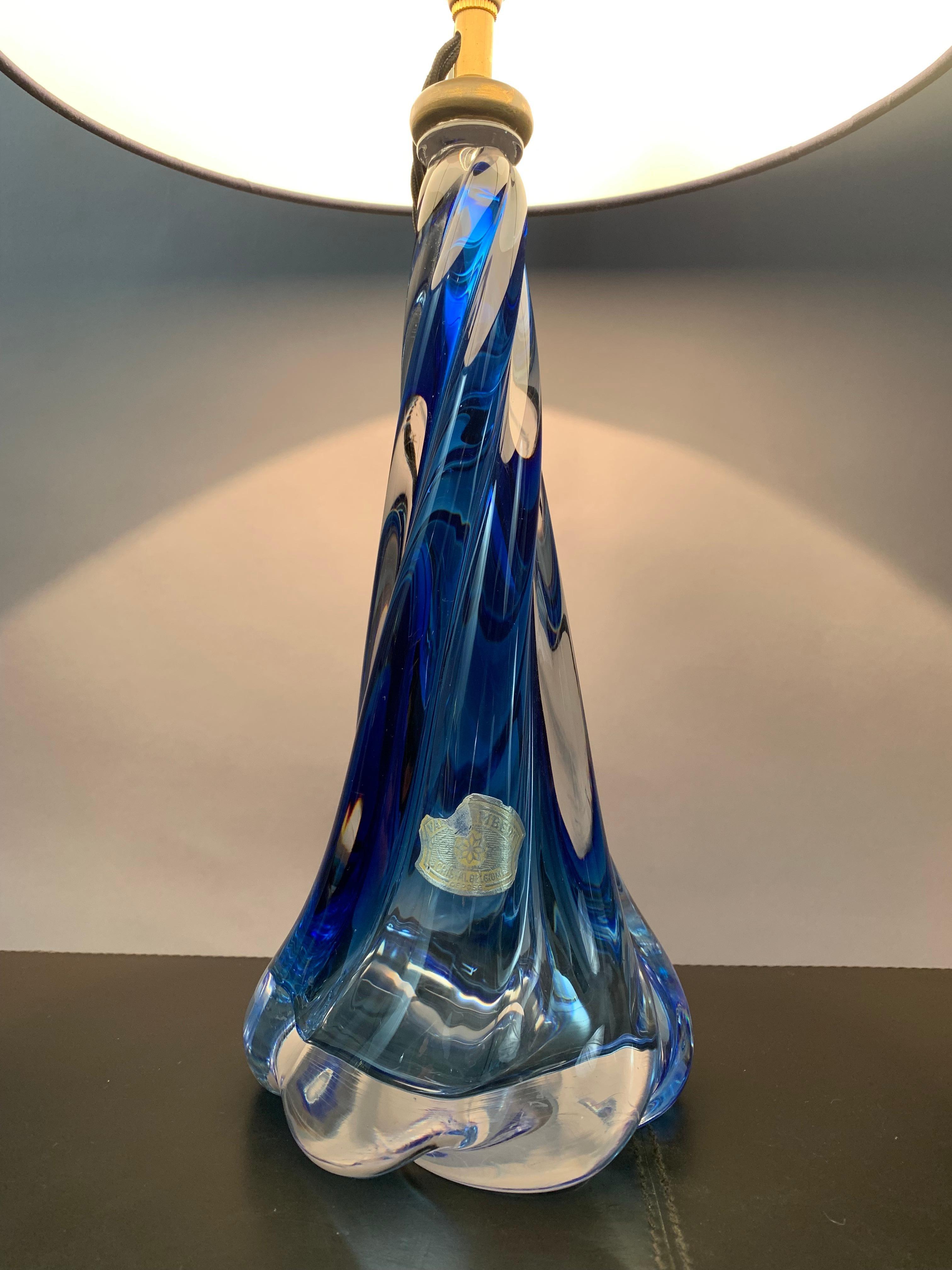 20th Century 1950s Belgium Val St Lambert Blue & Clear Twisted Crystal Glass Table Lamp Base