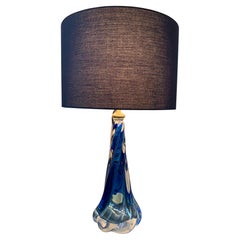 1950s Belgium Val St Lambert Blue & Clear Twisted Crystal Glass Table Lamp Base