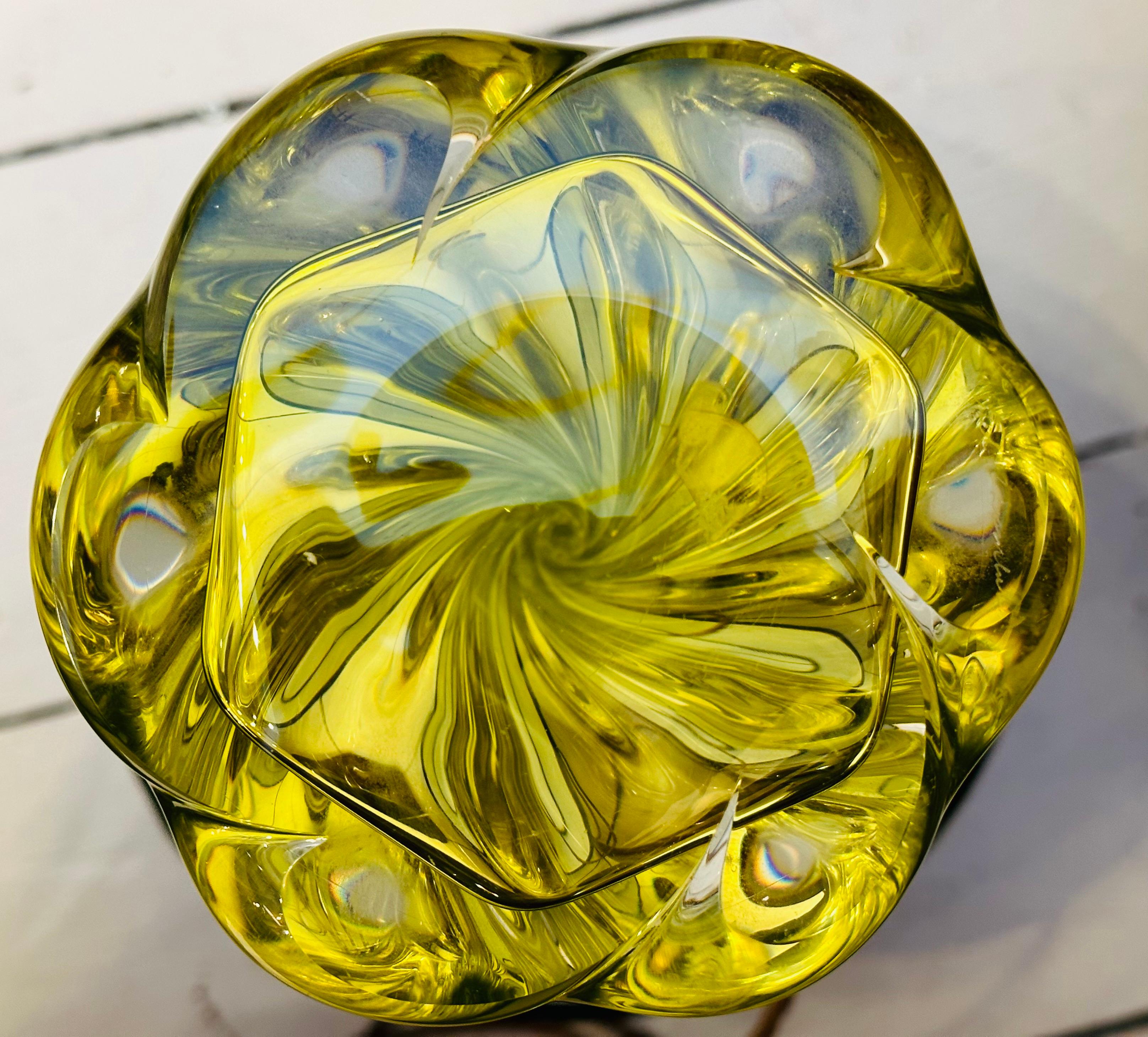 1950s Belgium Val St Lambert Bright Yellow & Clear Crystal Glass Lamp Base 11