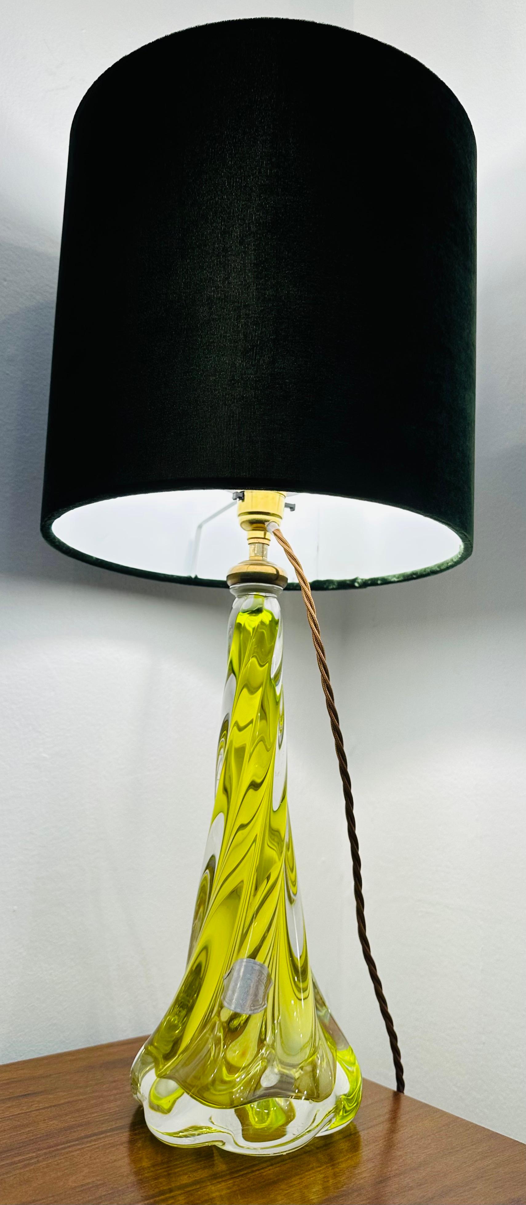 Mid-Century Modern 1950s Belgium Val St Lambert Bright Yellow & Clear Crystal Glass Lamp Base