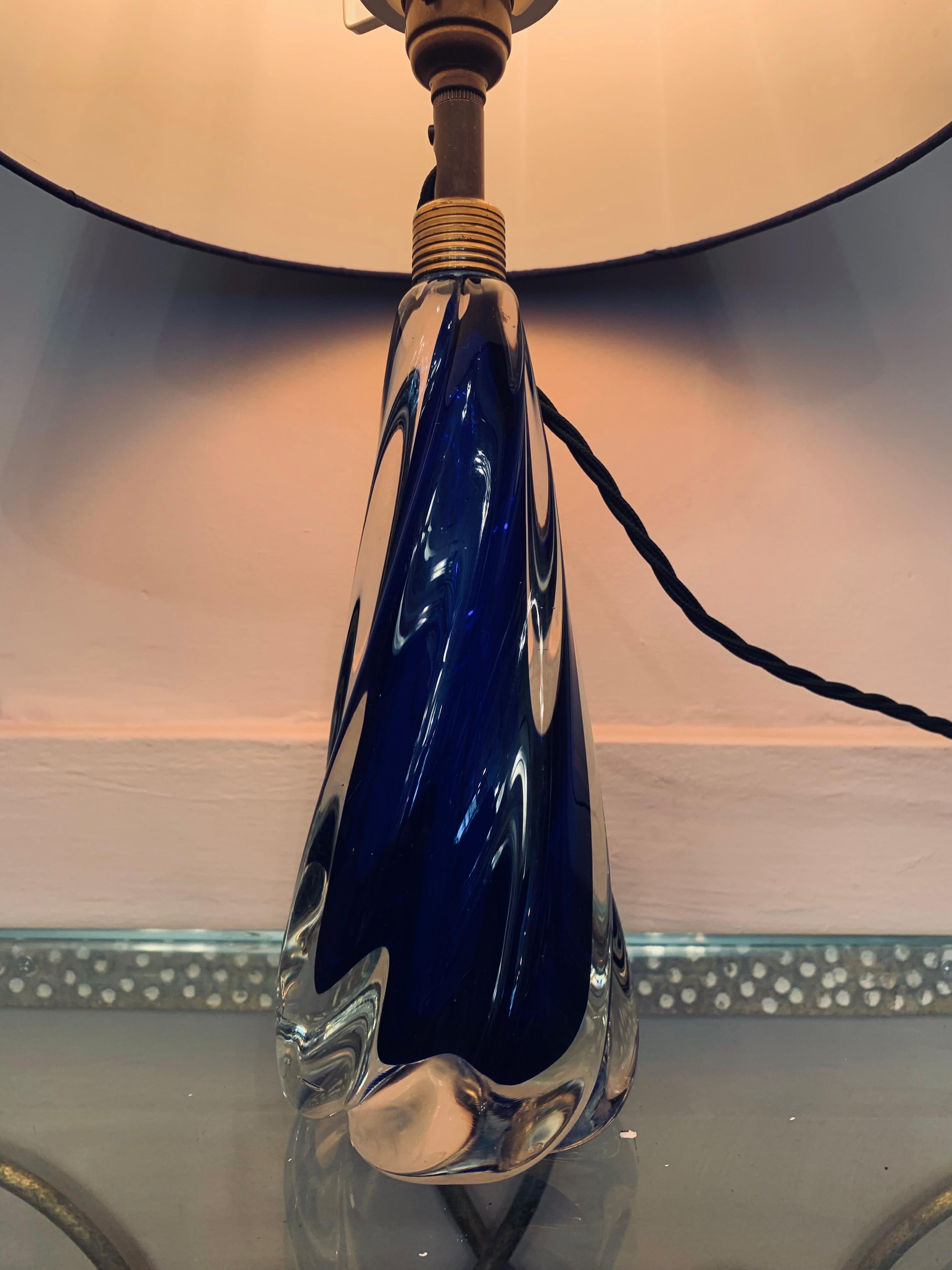 1950s Belgium Val St Lambert Cobalt Blue Glass Crystal Table Lamp Inc Shade 2