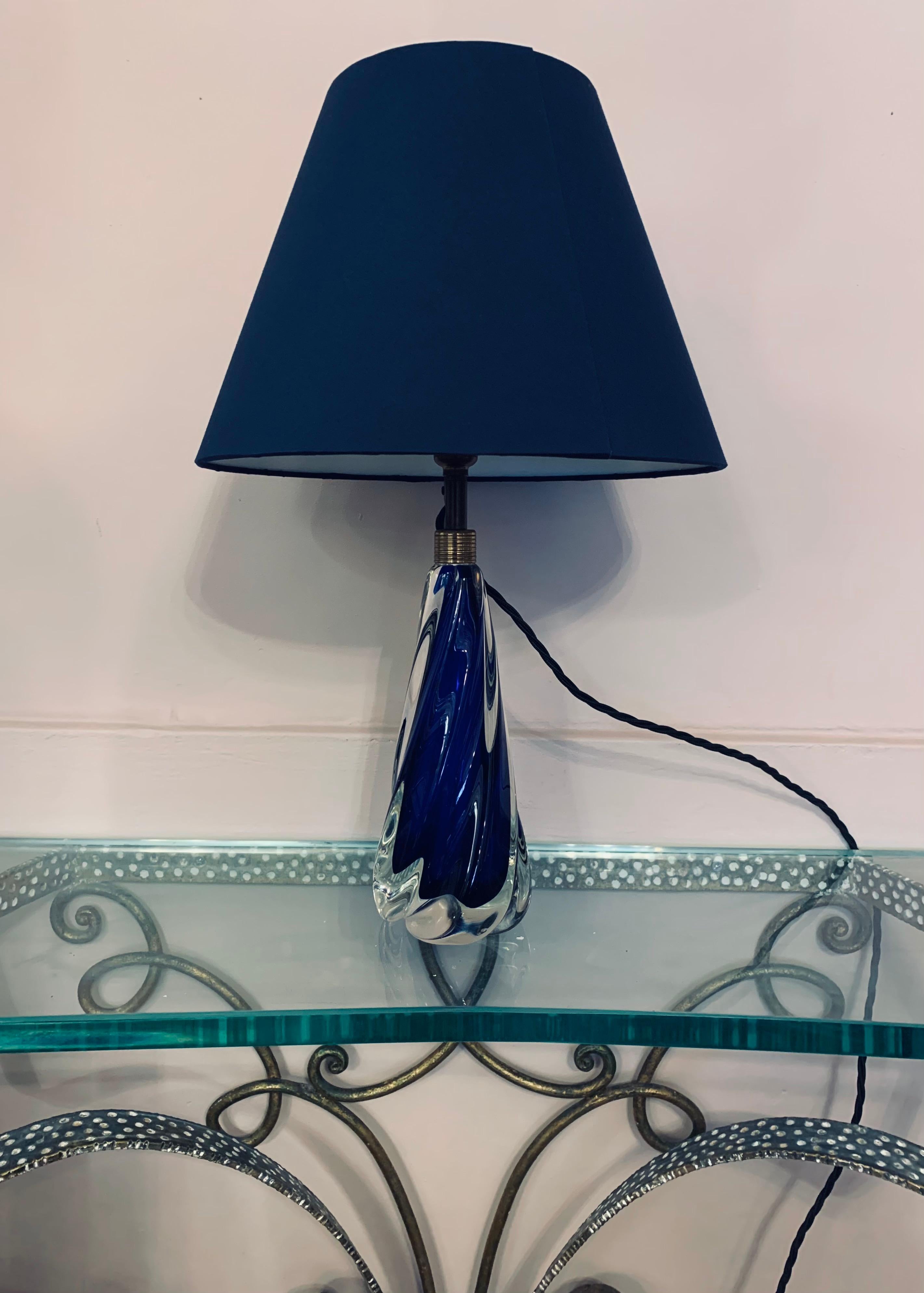 1950s Belgium Val St Lambert Cobalt Blue Glass Crystal Table Lamp Inc Shade 6