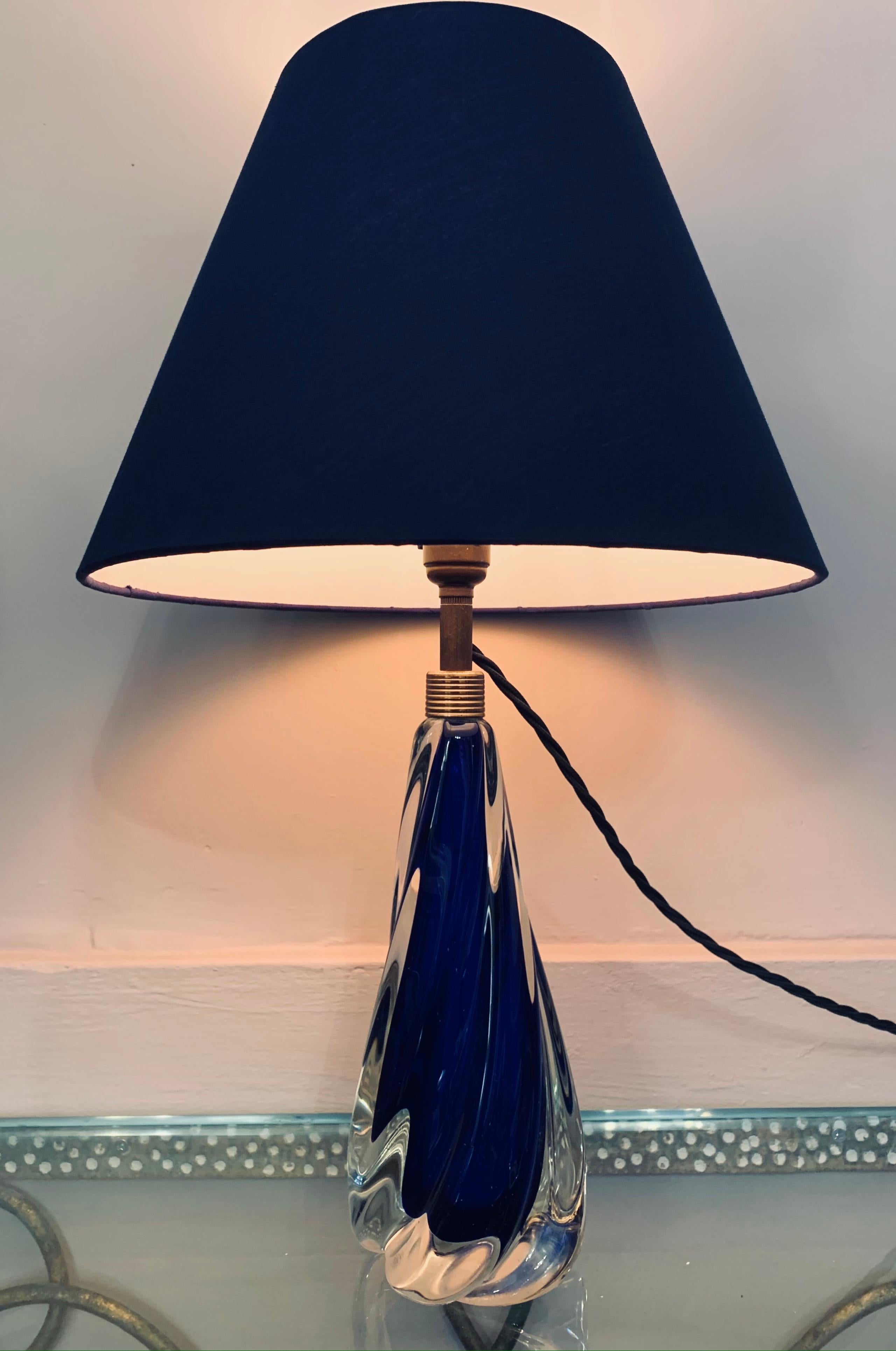 Mid-Century Modern 1950s Belgium Val St Lambert Cobalt Blue Glass Crystal Table Lamp Inc Shade