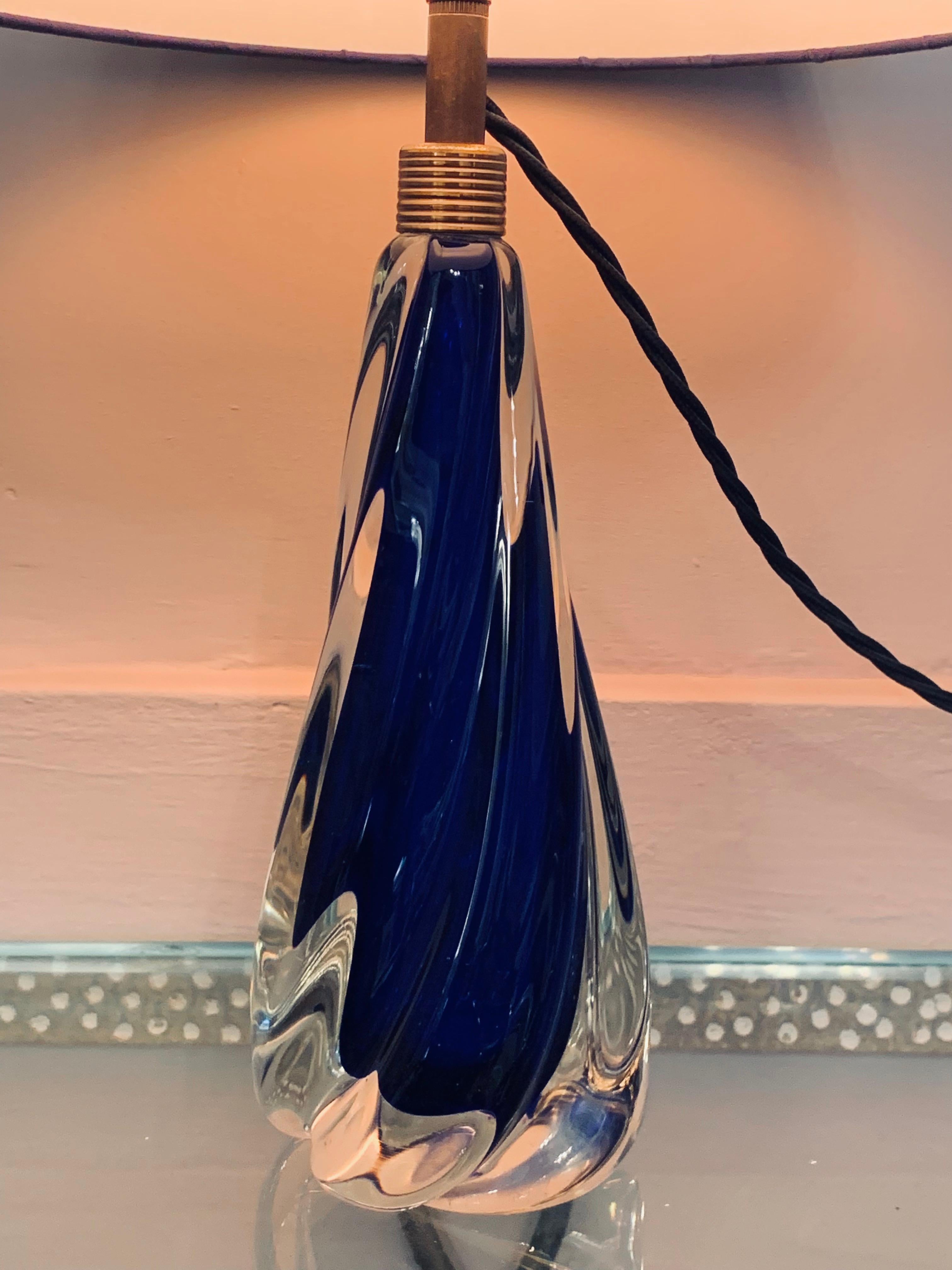 Belgian 1950s Belgium Val St Lambert Cobalt Blue Glass Crystal Table Lamp Inc Shade