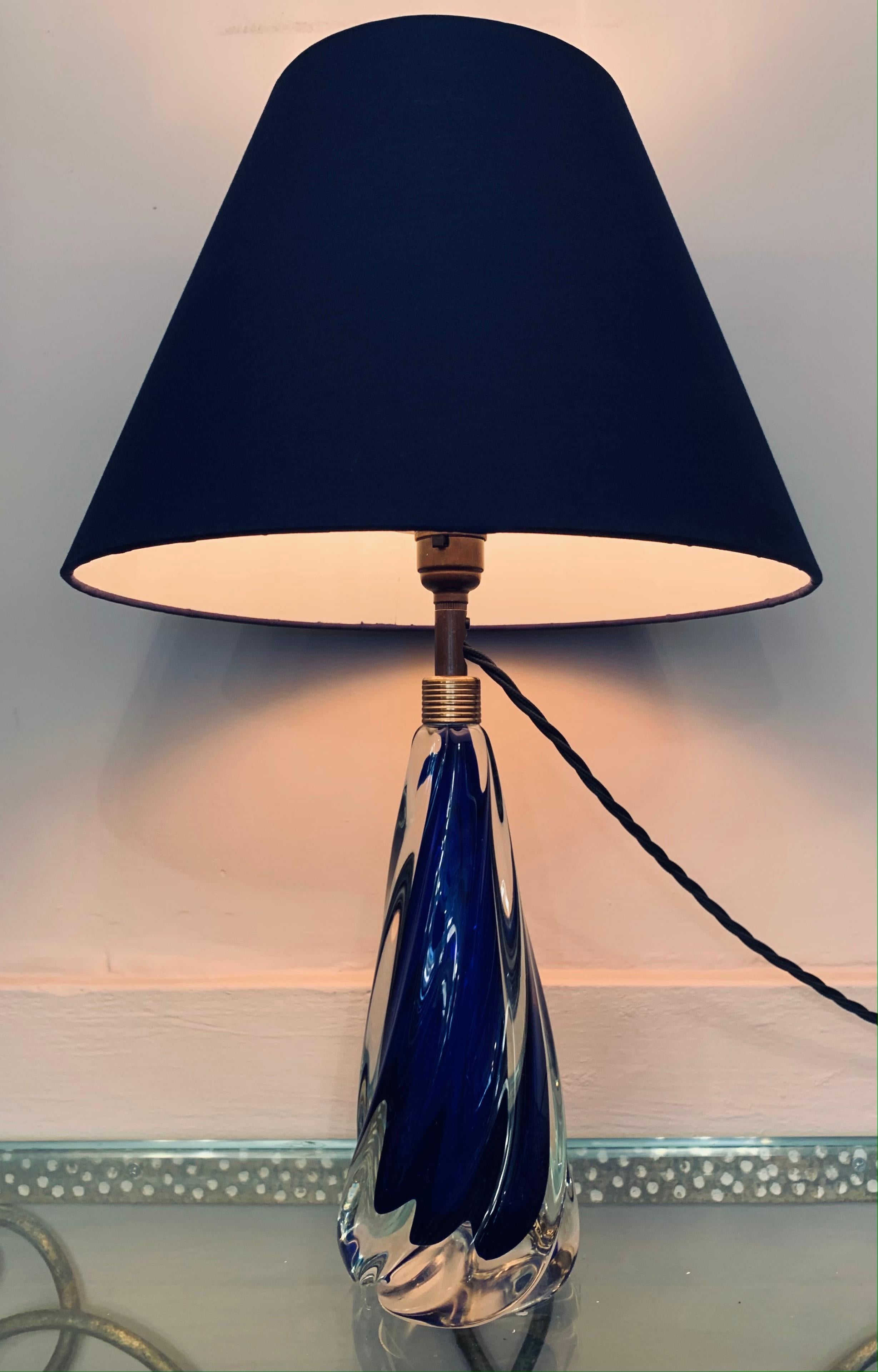 1950s Belgium Val St Lambert Cobalt Blue Glass Crystal Table Lamp Inc Shade In Good Condition In London, GB