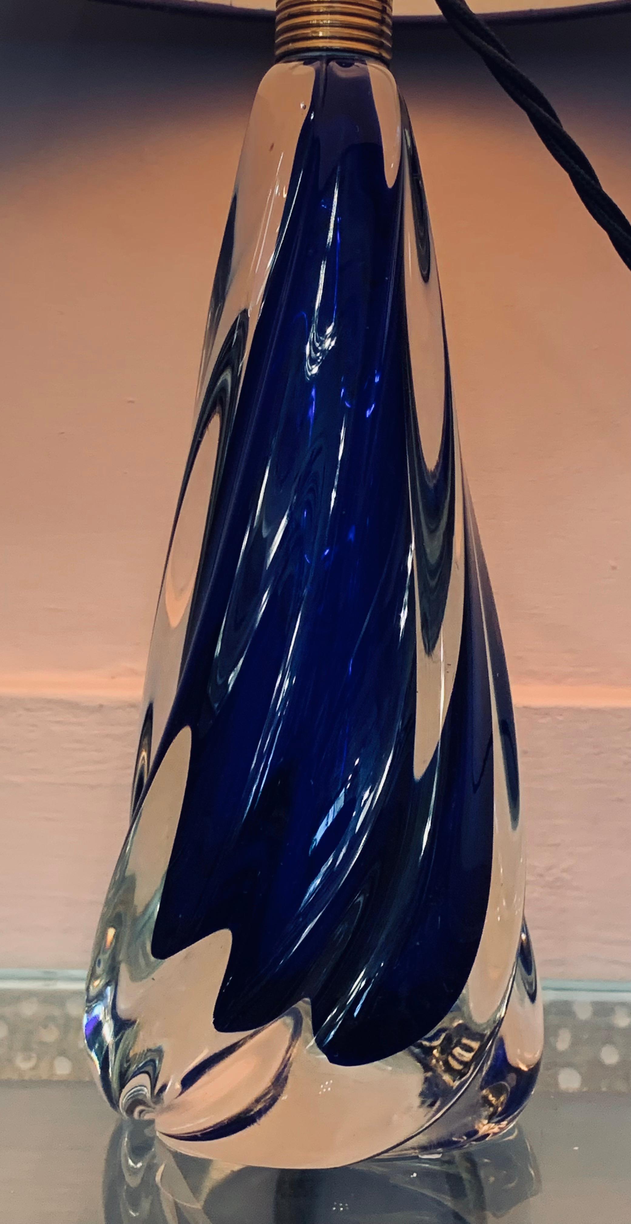 20th Century 1950s Belgium Val St Lambert Cobalt Blue Glass Crystal Table Lamp Inc Shade